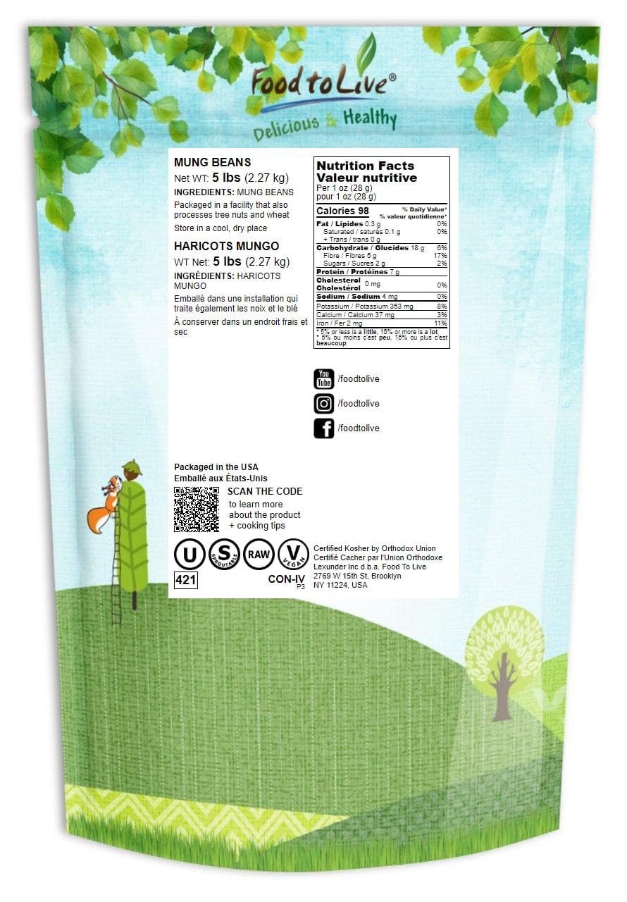 Food to Live - Organic Mung Beans 5lbs | Whole Raw Green Gram | Kosher Vegan Sirtfood | High in Fiber Protein Iron | Perfect for Sprouting, Indian Cooking & Healthy Recipes
