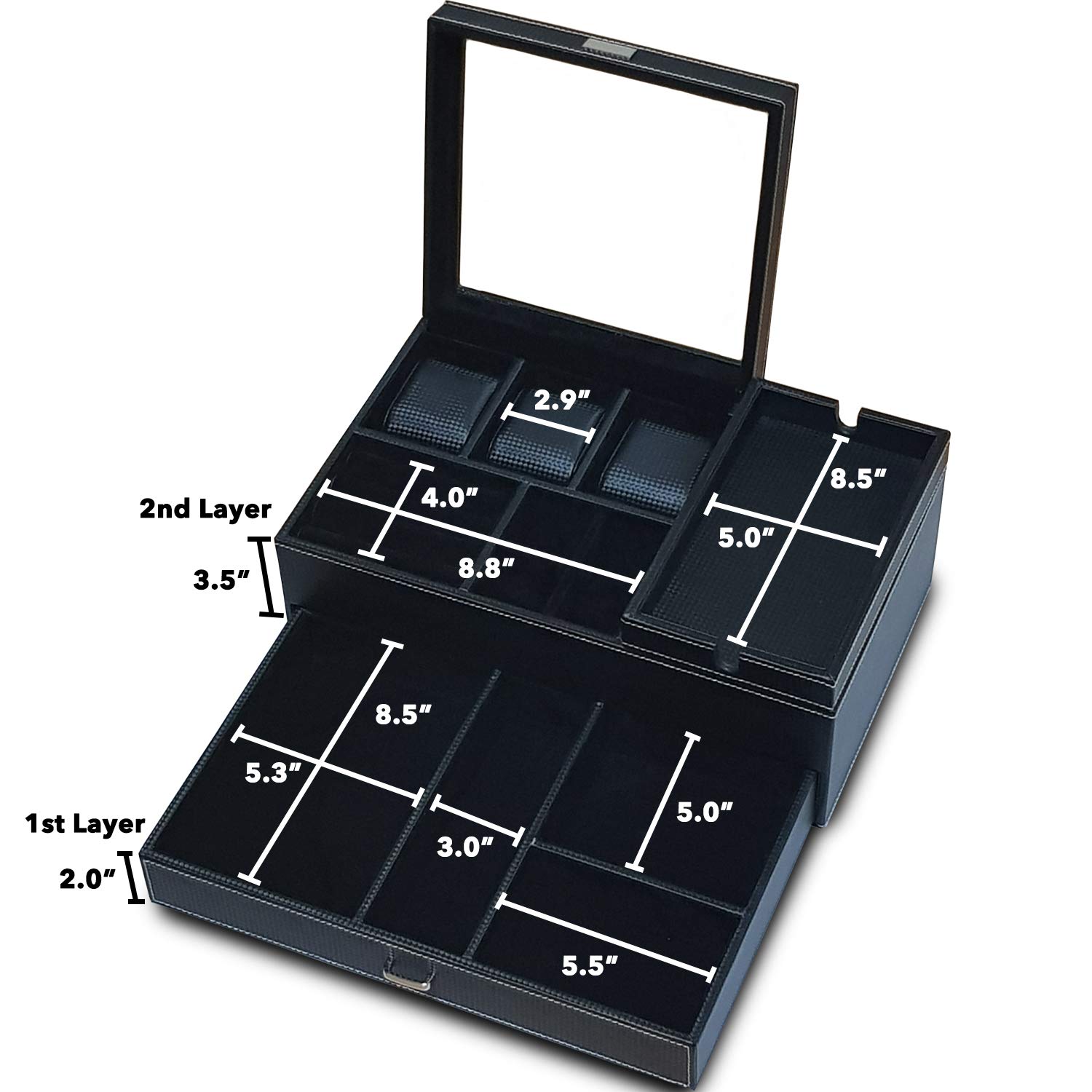 Men's Dresser Valet Organizer - PU Leather Jewelry Box with Charging Station for Watches & Accessories - Carbon Fiber Nightstand Tray for Bedroom