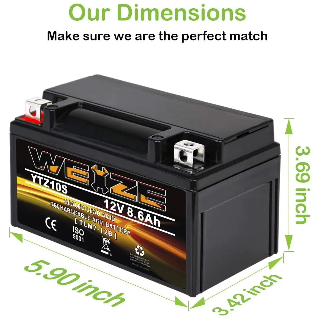 WEIZE YTZ10S BS 12V 8.6Ah High Performance Maintenance Free Sealed AGM Motorcycle Battery - Compatible with Yamaha, Honda - Perfect for Motorcycles, ATVs, Scooters & Powersports Vehicles