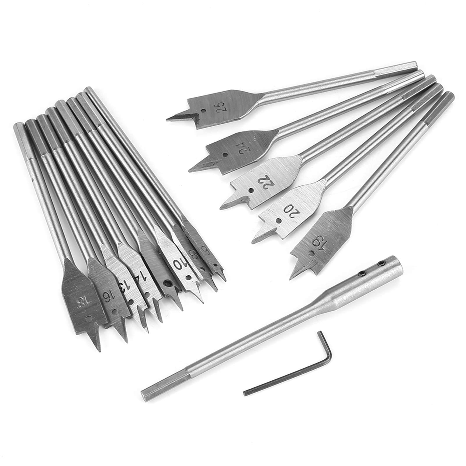 15pcs Carbon Steel Hex Shank Spade Flat Wood Drill Bit Set (6-25mm) - High Performance Woodworking Hole Saw for Power Tools | Perfect for DIY Projects, Furniture Making & Carpentry Work