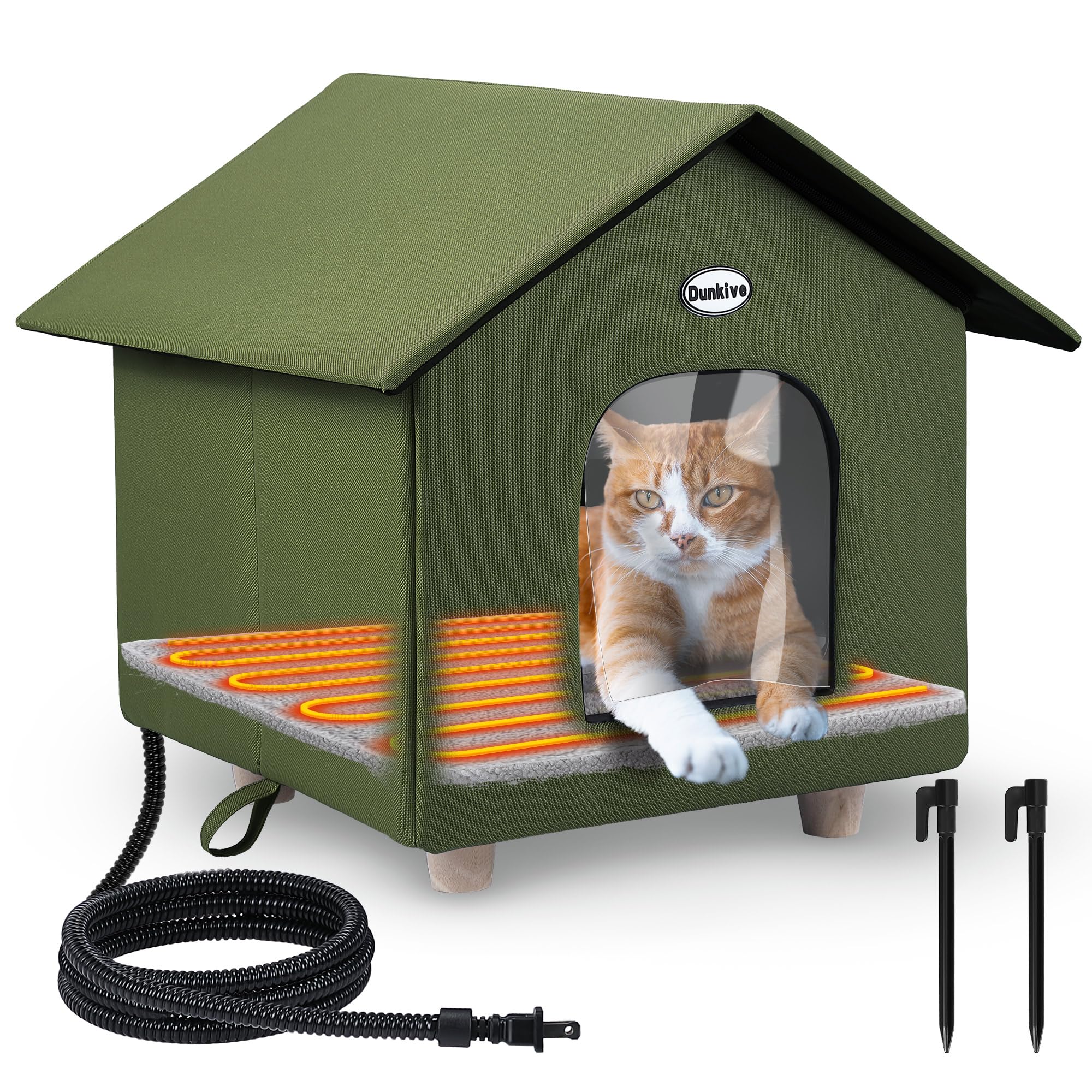 Heated Cat House - Weatherproof Outdoor Shelter with Heated Bed for Winter, Feral Cats & Small Pets - Green