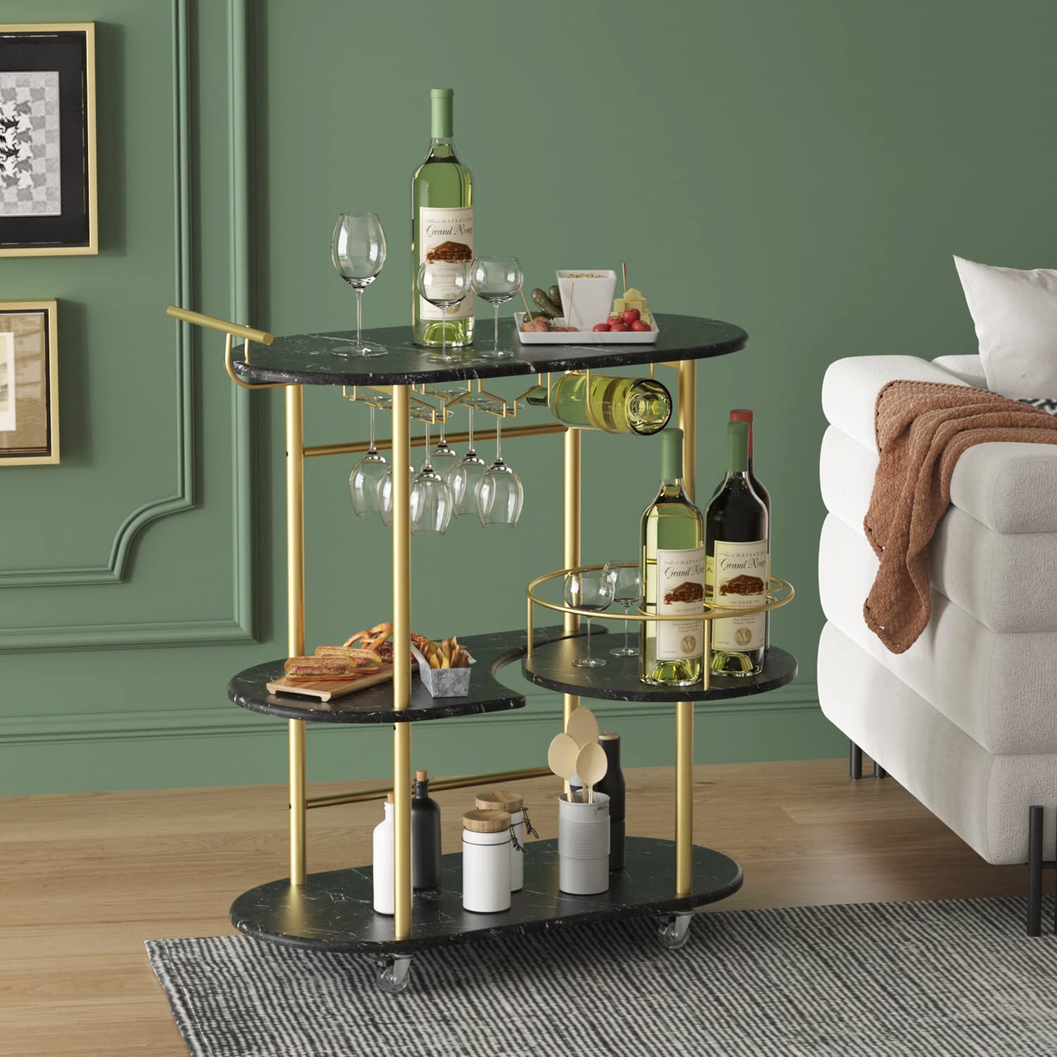 Black Bar Cart with 4-Tier Storage Shelves - Mobile Serving Cart with Wine Rack & Glass Holder - Perfect for Home, Kitchen, Living Room & Dining Room - Ideal for Cocktail Parties, Wine Tasting & Home Entertaining