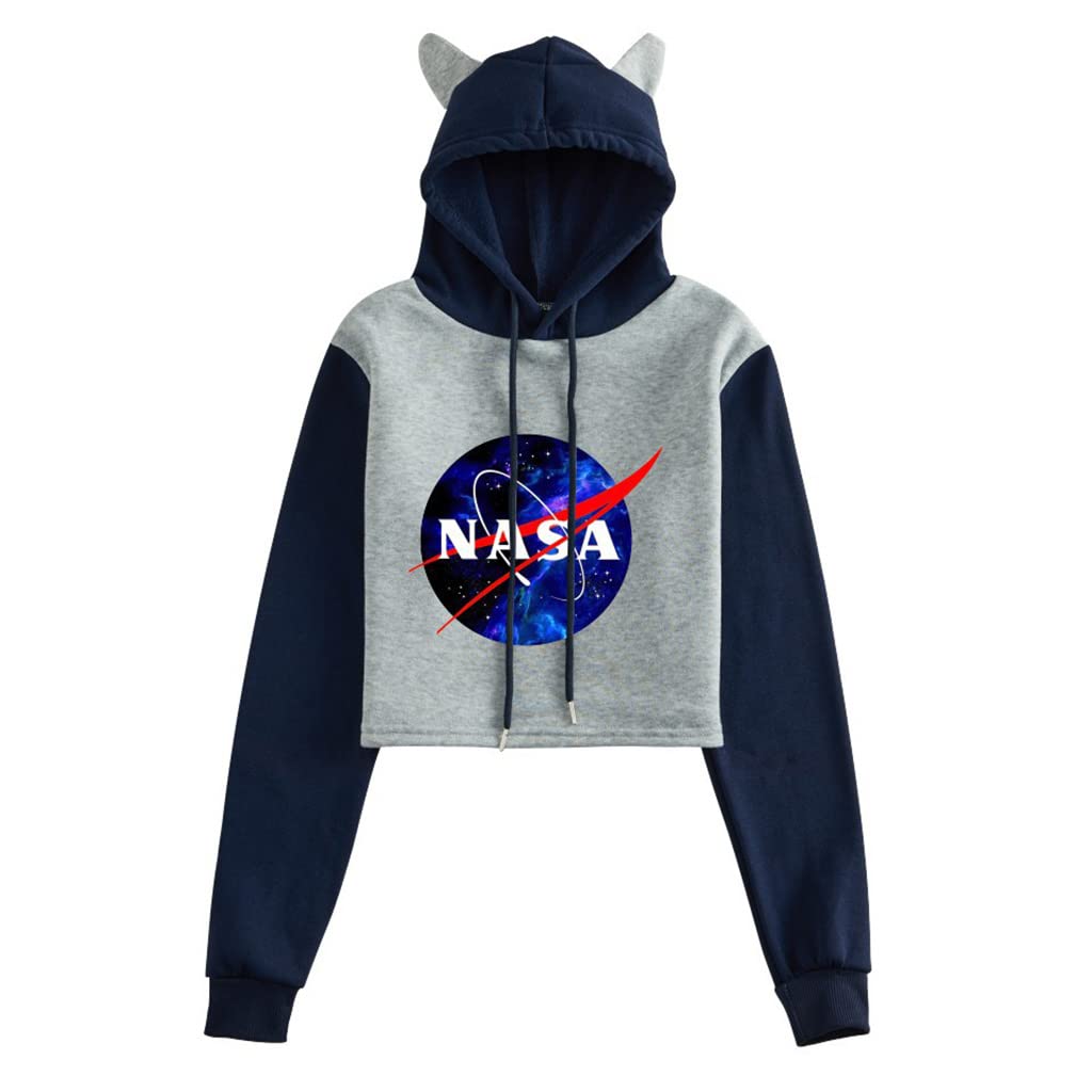 NASA Galaxy Print Cat Ear Crop Top Hoodie for Women - Stylish Colorblocked Drawstring Sweatshirt | Perfect for Cosplay, Streetwear & Teen Fashion
