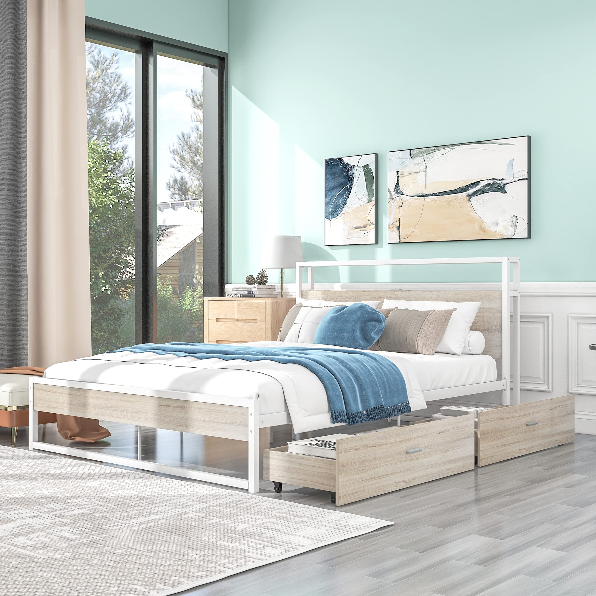 Queen Size Metal Platform Bed Frame with 2 Storage Drawers, USB Charging Ports & Wooden Headboard - Sturdy Slat Support, No Box Spring Needed - Perfect for Small Bedrooms & Guest Rooms (White, Queen)