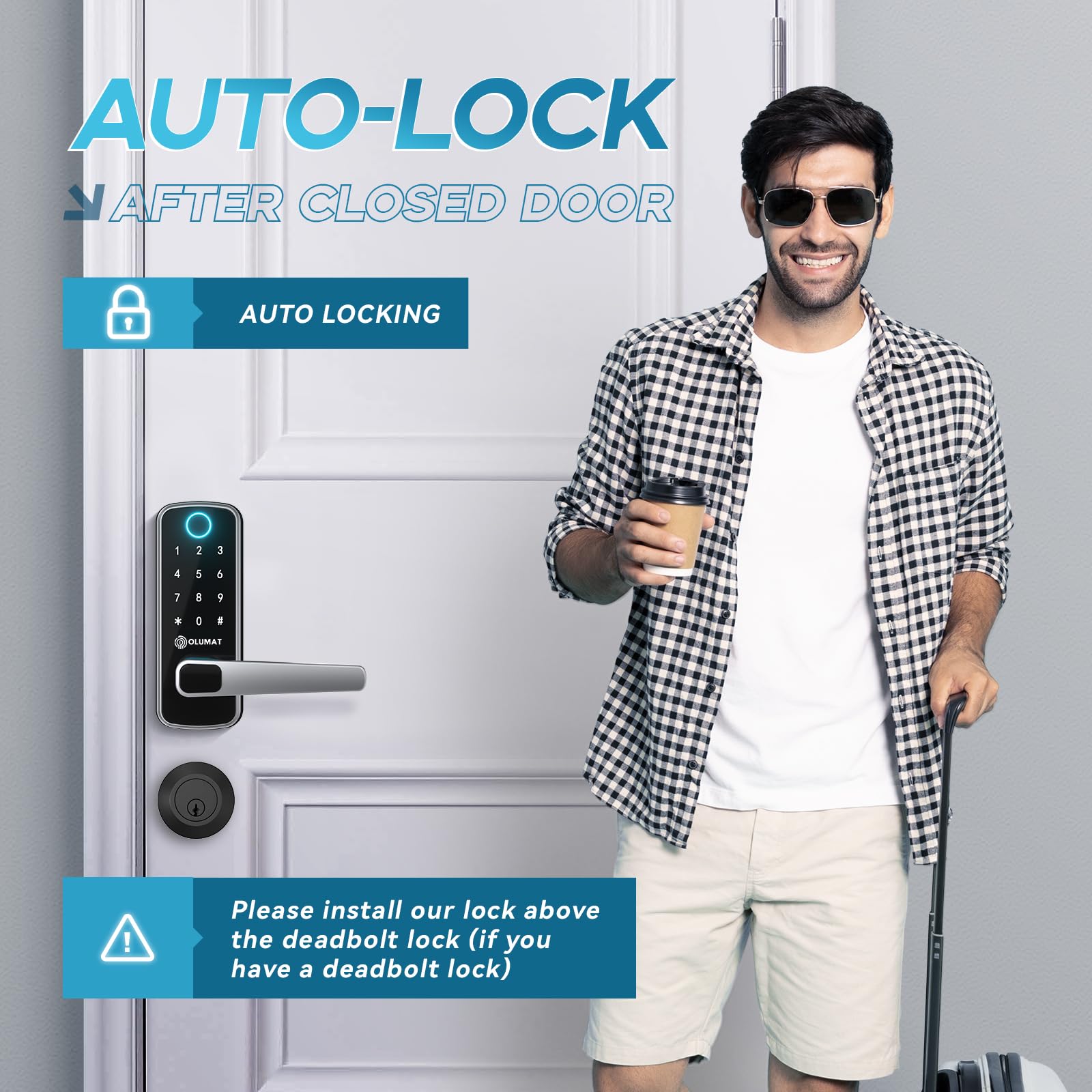 OLUMAT Smart Keyless Entry Door Lock - Fingerprint & Keypad Digital Deadbolt with Handle for Home, Office, Hotel (Easy Installation & Alexa Compatible) - Perfect for Rentals, Garages & Vacation Homes