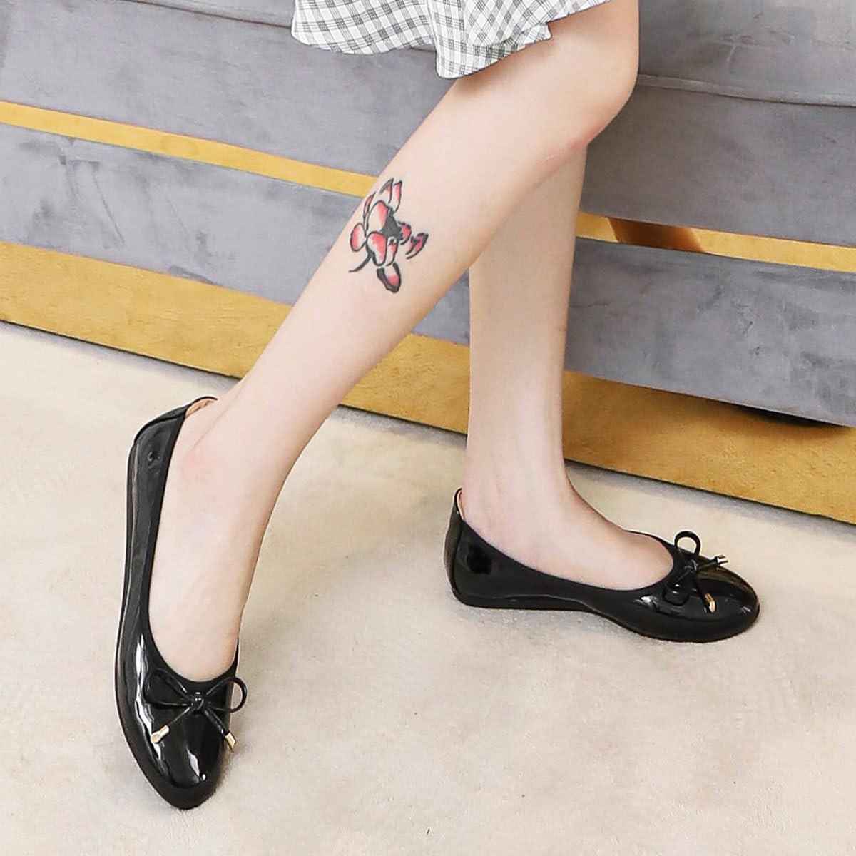 JiangWei Shu Women's Bow Knot Ballet Flats - PU Slip On Round Toe Walking Shoes for Women - Comfortable & Stylish Black Flats - US Size 10.5 - Perfect for Office, Casual Wear & Daily Walking