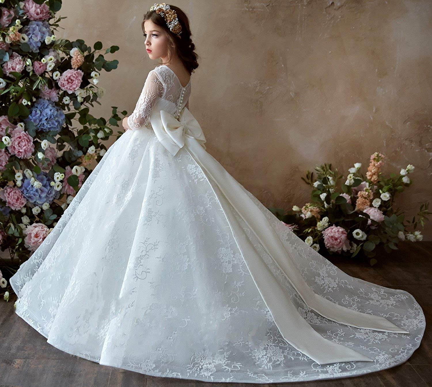 Elegant Long Sleeve Lace Flower Girl Dress for Weddings, Pageants & Formal Parties - Perfect for Little Girls' Special Occasions