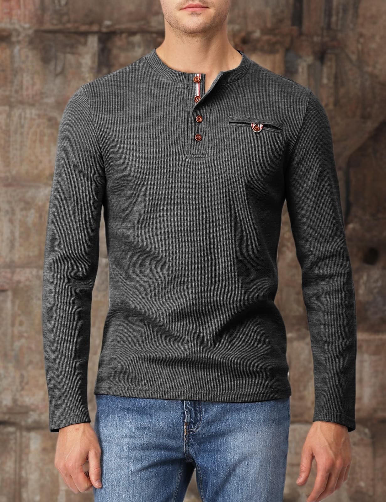 H2H Men's Casual Slim Fit Henley Cotton Shirts Long Sleeve Lightweight Waffle Fabric - Comfortable Everyday Wear for Work, Dating & Outdoor Activities