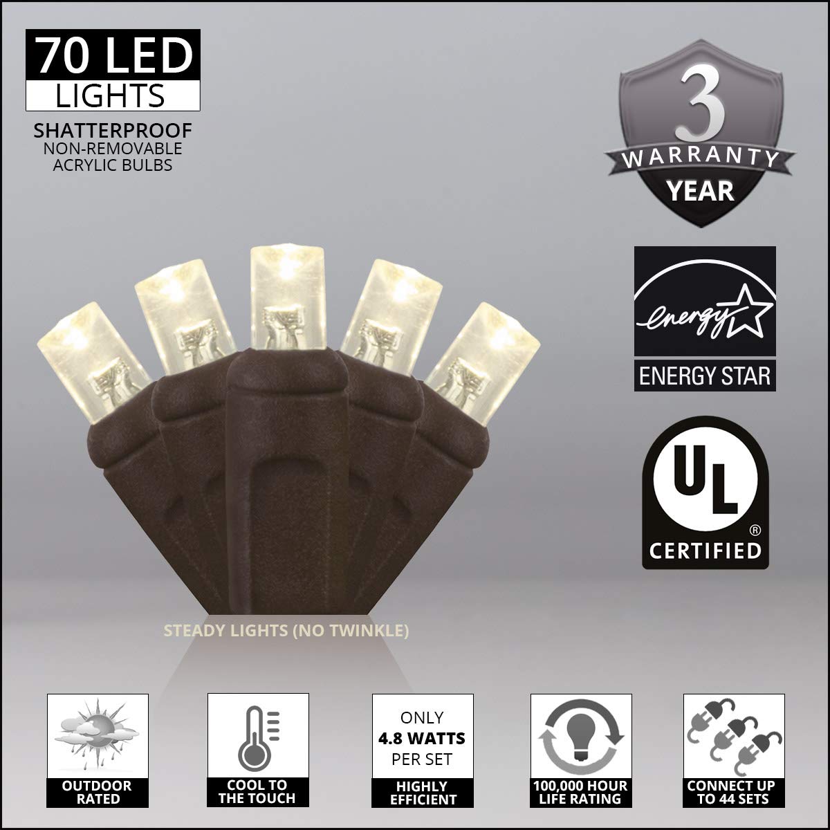 70-Count 5mm LED Warm White Mini Light Set - Indoor/Outdoor Christmas Decorations with 120V UL Certified Black Wire | Perfect for Holiday Trees, Wreaths & Home Decoration
