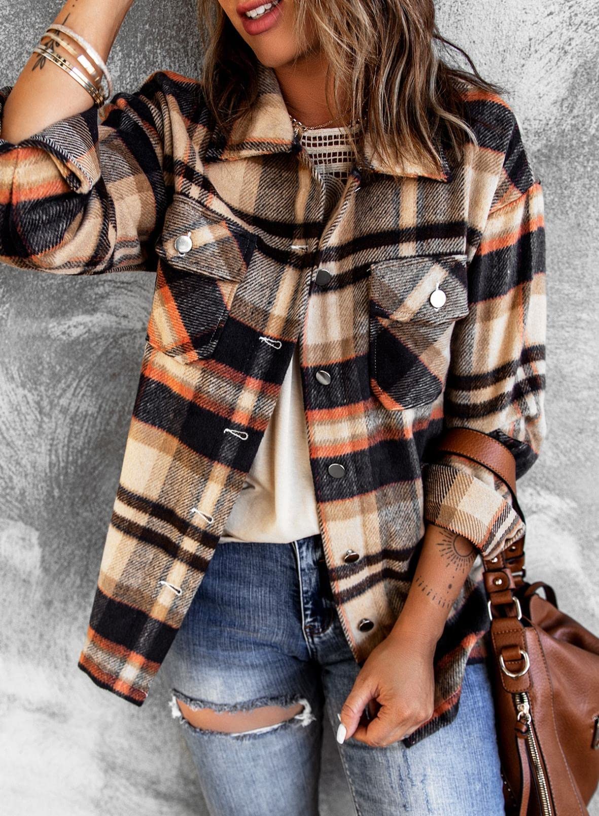BTFBM Women's Plaid Flannel Shacket - Long Sleeve Button Down Casual Shirt Jacket for Fall & Spring | Loose Fit Blouse Top for Outdoor Activities, Work & Weekend Wear (2025 Fashion)