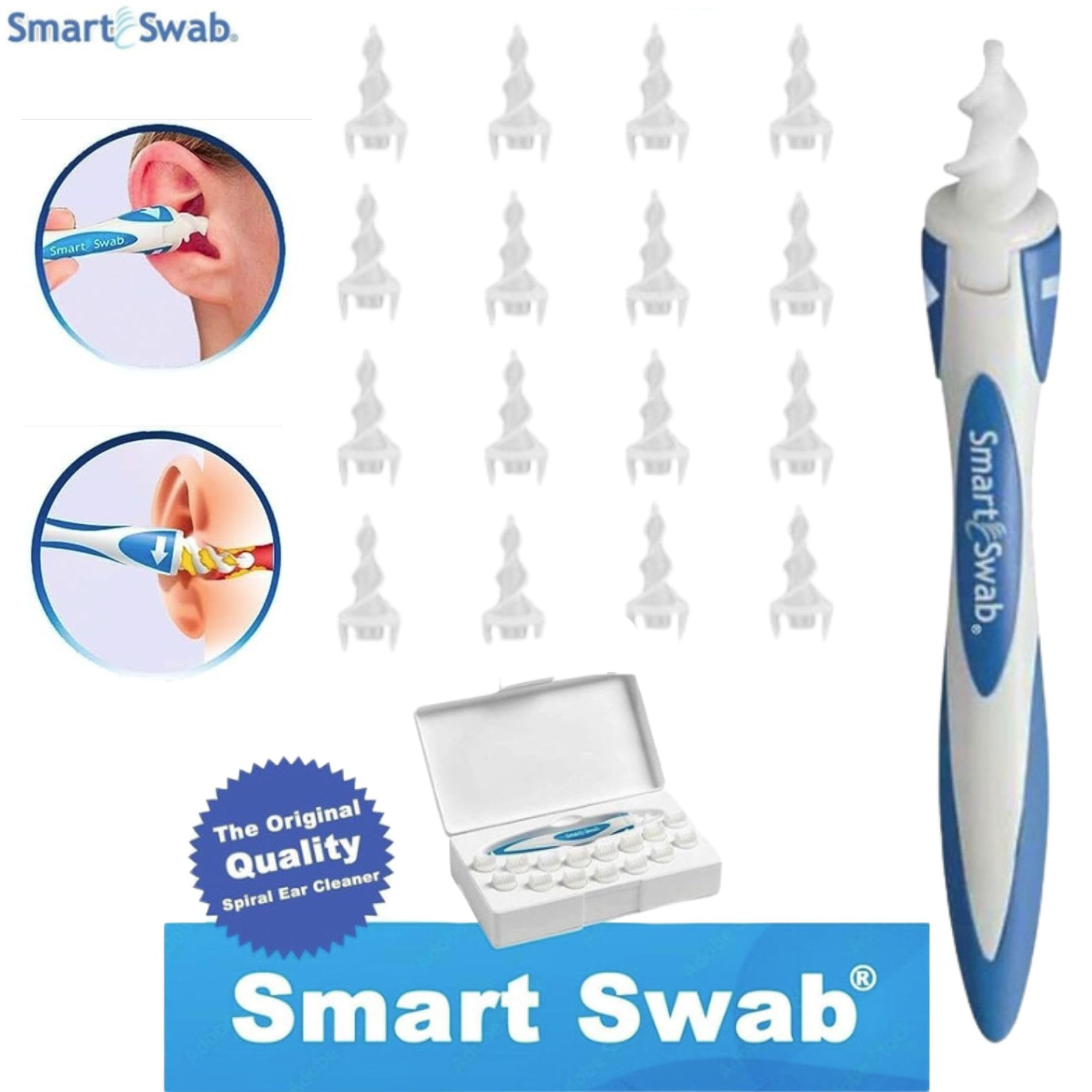 Smart Swab Spiral Ear Cleanser - 16 Replaceable Tips Earwax Remover Tool - Safe Pain-Free Reusable Ear Cleaning Kit for Adults & Kids - Gentle Earwax Removal for Home, Travel & Daily Hygiene Care