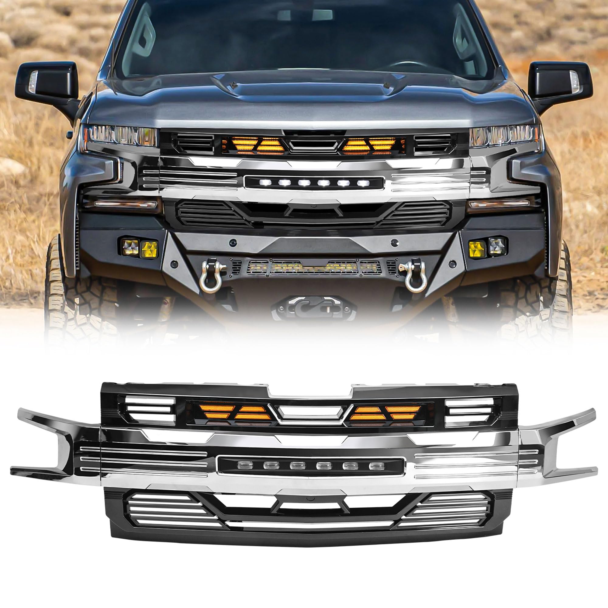 2019-2021 Chevy Silverado 1500 LED Light Chrome Armor Grille | Heavy Duty Front Bumper Protection | Off-Road & Street Style Upgrade