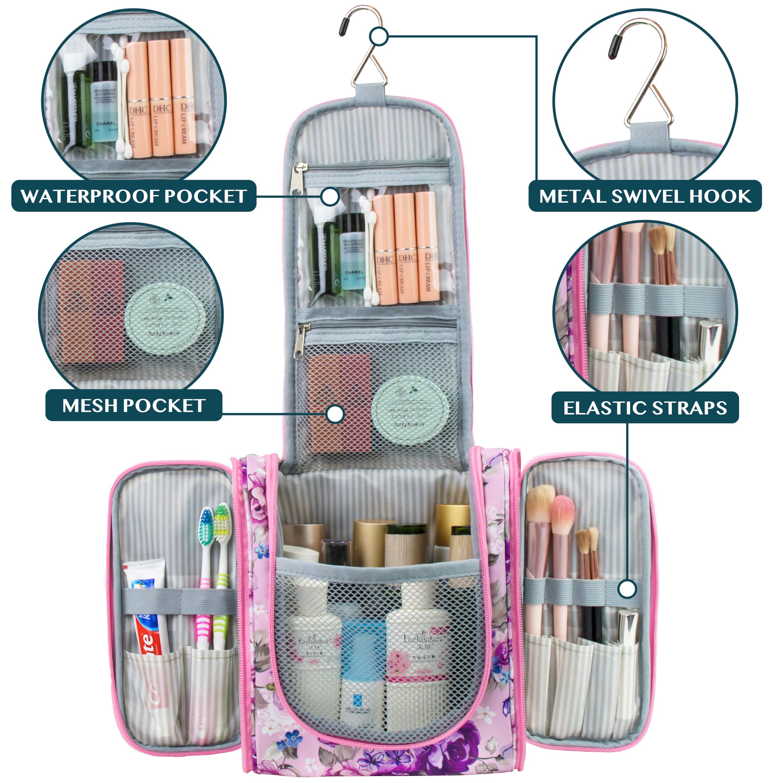 PAVILIA Hanging Toiletry Bag for Women & Men - Waterproof Travel Cosmetic Organizer with Multiple Pockets, Large Makeup Bag for Toiletries & Accessories (Floral Pink) - Perfect for Travel, Camping & Gym Essentials
