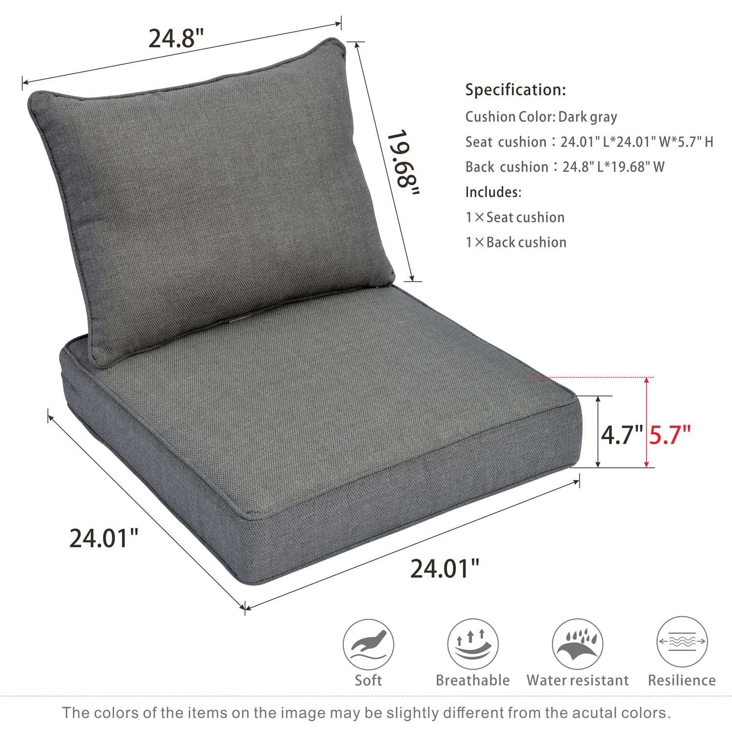 HOOOWOOO 24x24x5 Inch Thick Outdoor Patio Seat Cushions Set - Weather Resistant Olefin Fabric with Zipper - Dark Gray Sofa Cushions for Loveseat, Garden, Deck, and Poolside Relaxation