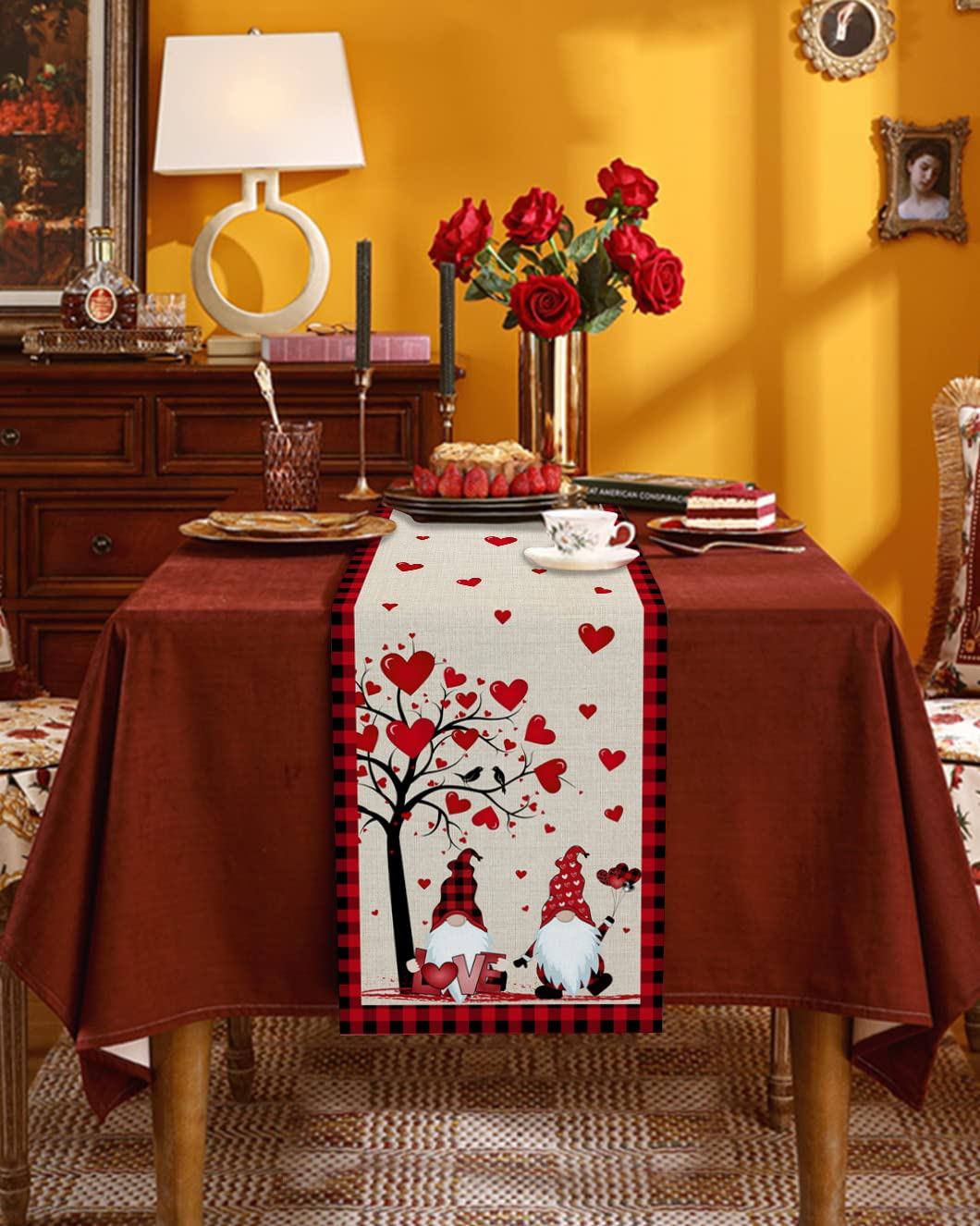 Valentine's Day Table Runner 120 Inches Long - Red and Black Buffalo Plaid with Love Tree & Gnome Design - Perfect for Kitchen, Coffee Table, Party & Home Decor (13x120 in) - Ideal for Valentine's Day Celebrations, Romantic Dinners & Holiday Gatherings