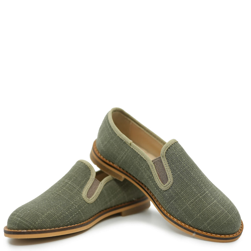 Blublonc Olive Green Linen Smoking Loafers for Men - Comfortable Casual Slip-On Shoes for Office, Travel & Everyday Wear