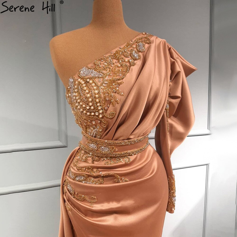 Serene Hill Blush Pink Mermaid Satin Evening Dress 2025 | One Shoulder Elegant Beaded Gown for Women | Perfect for Prom, Wedding Guest & Formal Parties