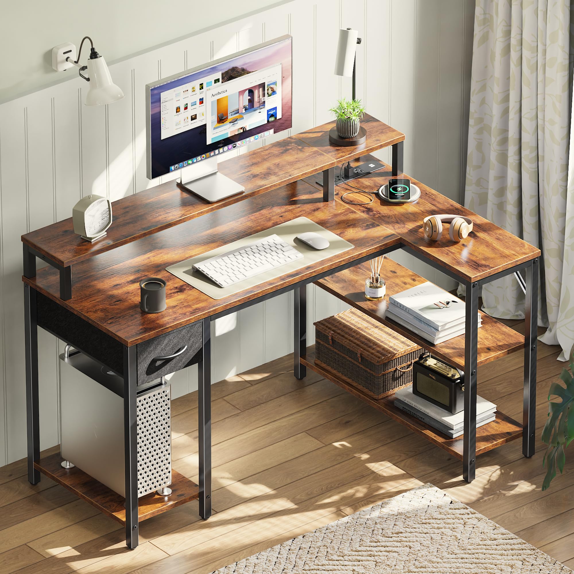 SUPERJARE 47-inch Reversible L-Shaped Computer Desk with LED Lights & Power Outlets - Home Office Gaming Desk with Shelves, Monitor Stand & Drawer - Rustic Brown Corner Workstation for Small Spaces & PC Gaming Setup
