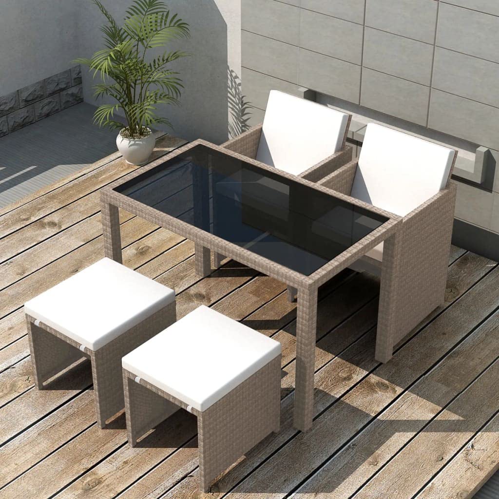 5-Piece Patio Furniture Set with Table & Chairs - Outdoor Dining Set for Garden, Balcony, Porch - Beige Poly Rattan with Cushions & Stool - Perfect for Backyard BBQs, Poolside Relaxation & Outdoor Entertaining