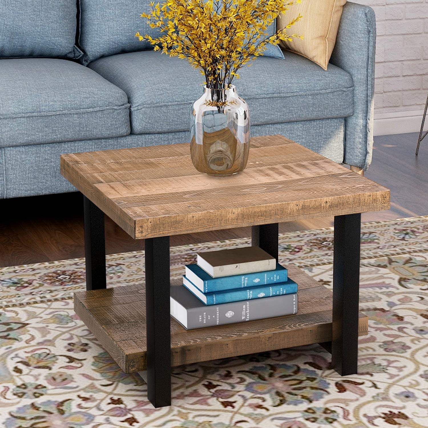 Rustic Natural Coffee Table with Storage Shelf - 22
