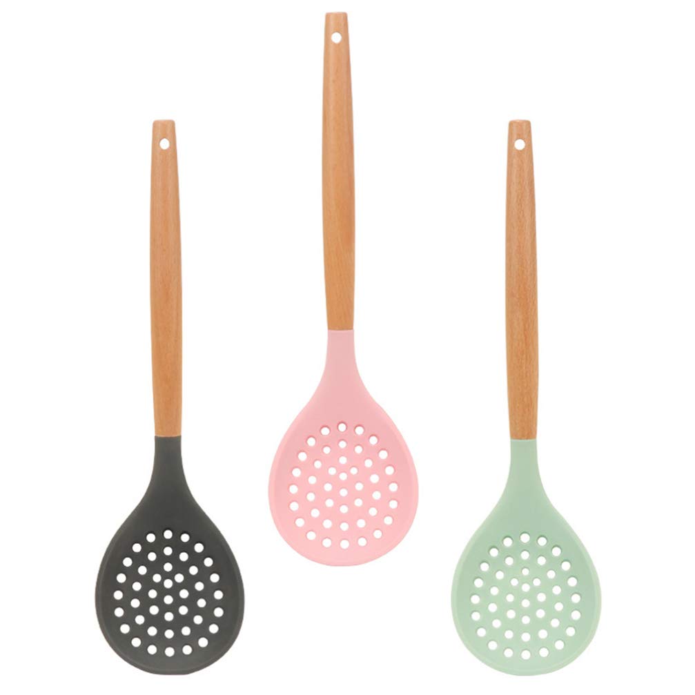 Hemoton 3-Piece Silicone Skimmer Spoon Set with Wooden Handle - Slotted Strainer, Ladle & Colander for Cooking, Frying & Oil Filtering - Perfect for Restaurant & Home Kitchen Use
