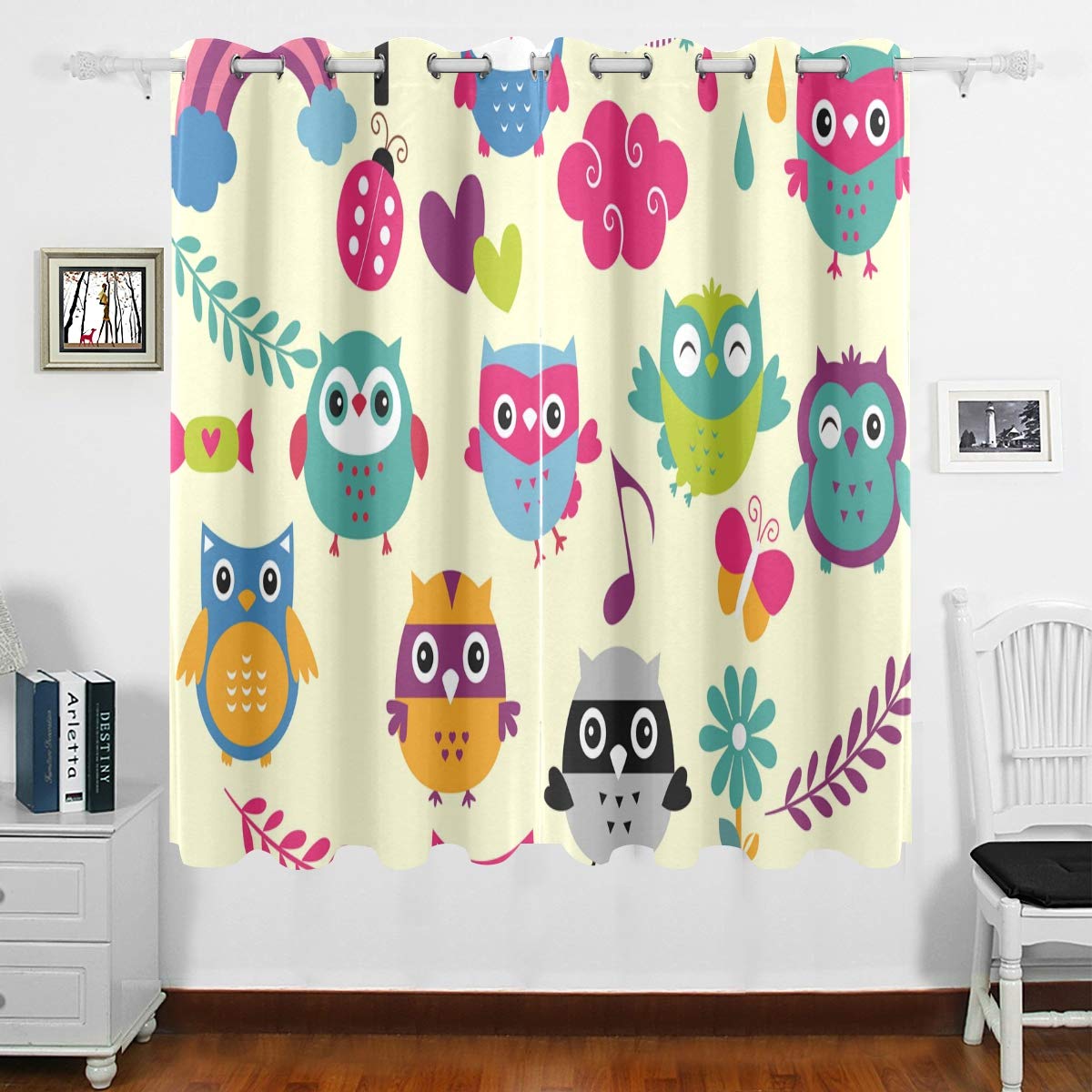 DOMIKING Blackout Curtains for Bedroom - Thermal Insulated Room Darkening Drapes with Fun Owl Print (63x55 Inches) | Perfect for Kids Room, Nursery & Living Room Decor