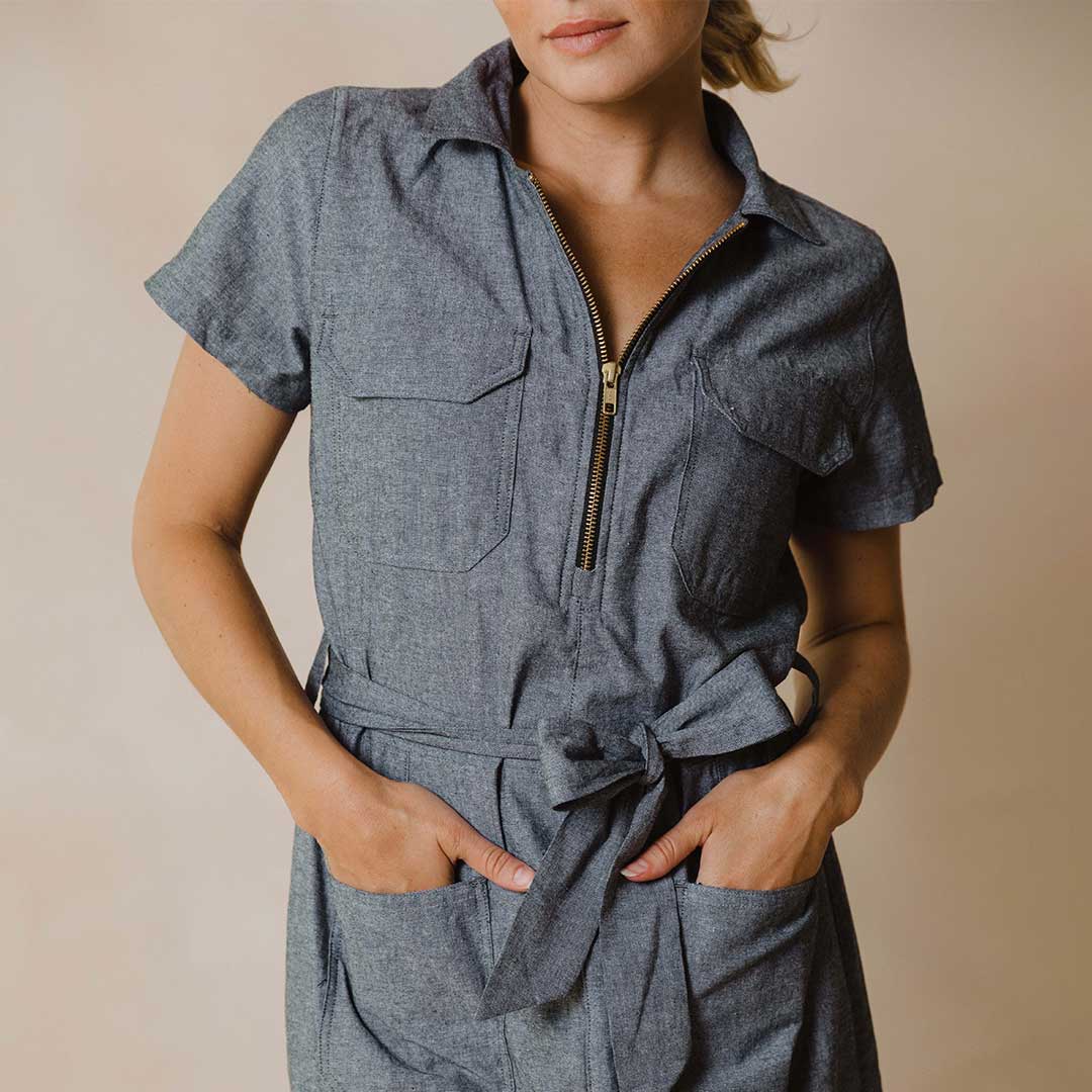 Cape Cod Zip Up Dress in Chambray Black - Stylish Casual Outfit for Beach, Brunch & Summer Vacations