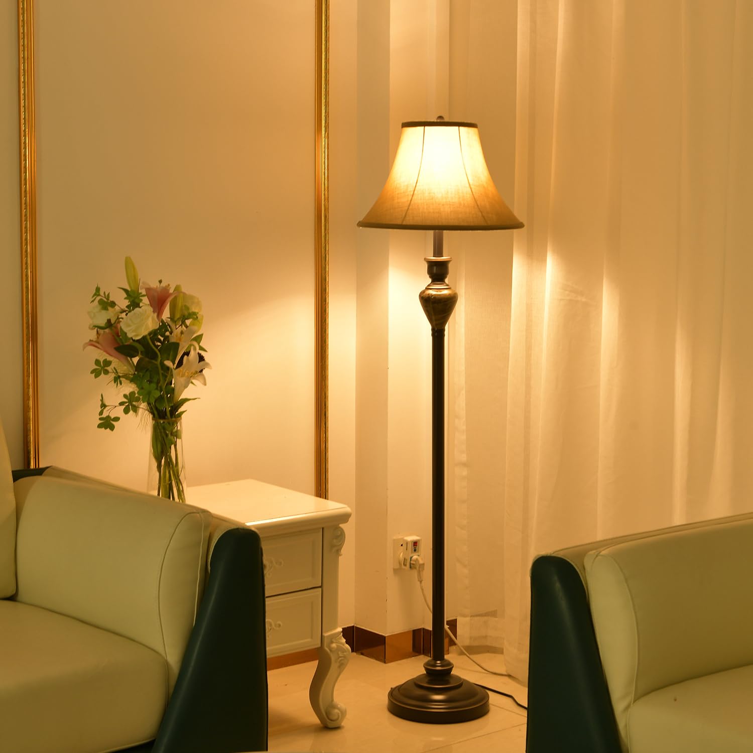 Vintage 3-Piece Living Room Lamp Set - Table Lamp & Floor Lamp with Stable Iron Base & Brown Fabric Shade - Perfect for Bedroom, Reading Nook, Home Office & Cozy Living Spaces