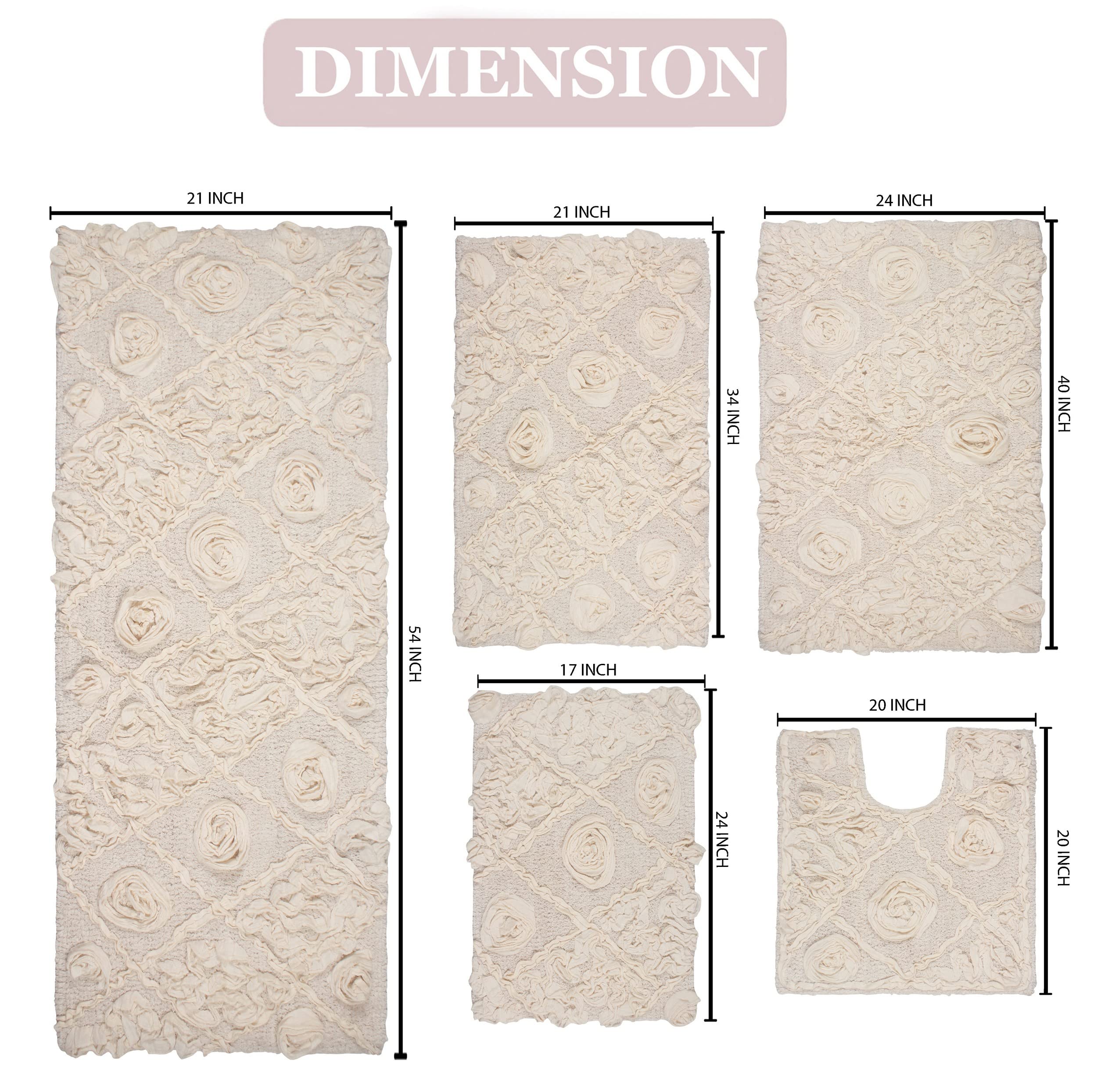 Premium 100% Cotton Bath Rug Set - 5 Piece Non-Slip Washable Bathroom Mats with Contour | Ultra Soft & Absorbent Ivory Bath Mats for Bathroom & Kitchen Floor | Perfect for Master Bath, Guest Bath & Laundry Room