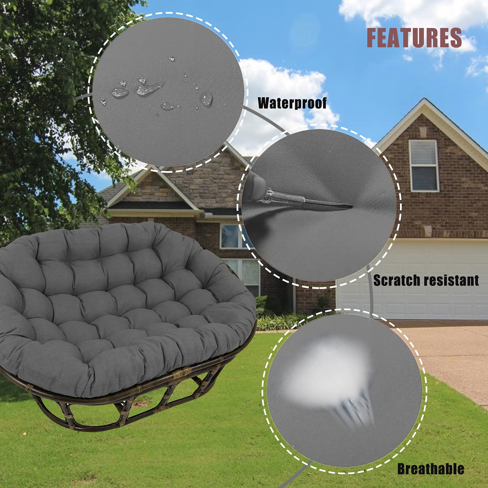 **Double Papasan Cushion Outdoor - Waterproof Hanging Basket & Garden Chair Cushion for Patio, Dark Gray, 67