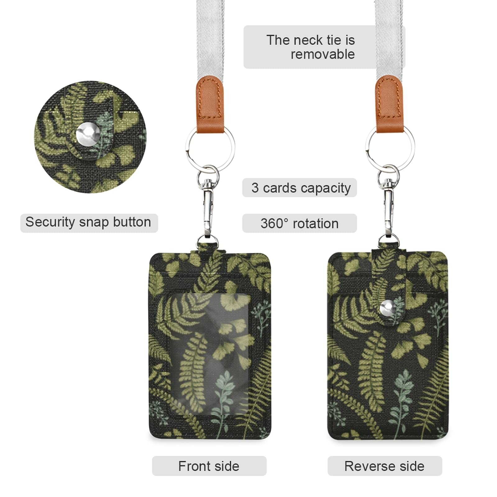 Vintage Green Leaf PU Leather ID Badge Holder - Neck Lanyard & Key Ring Included - Perfect for Office, School, Events and Nursing Jobs