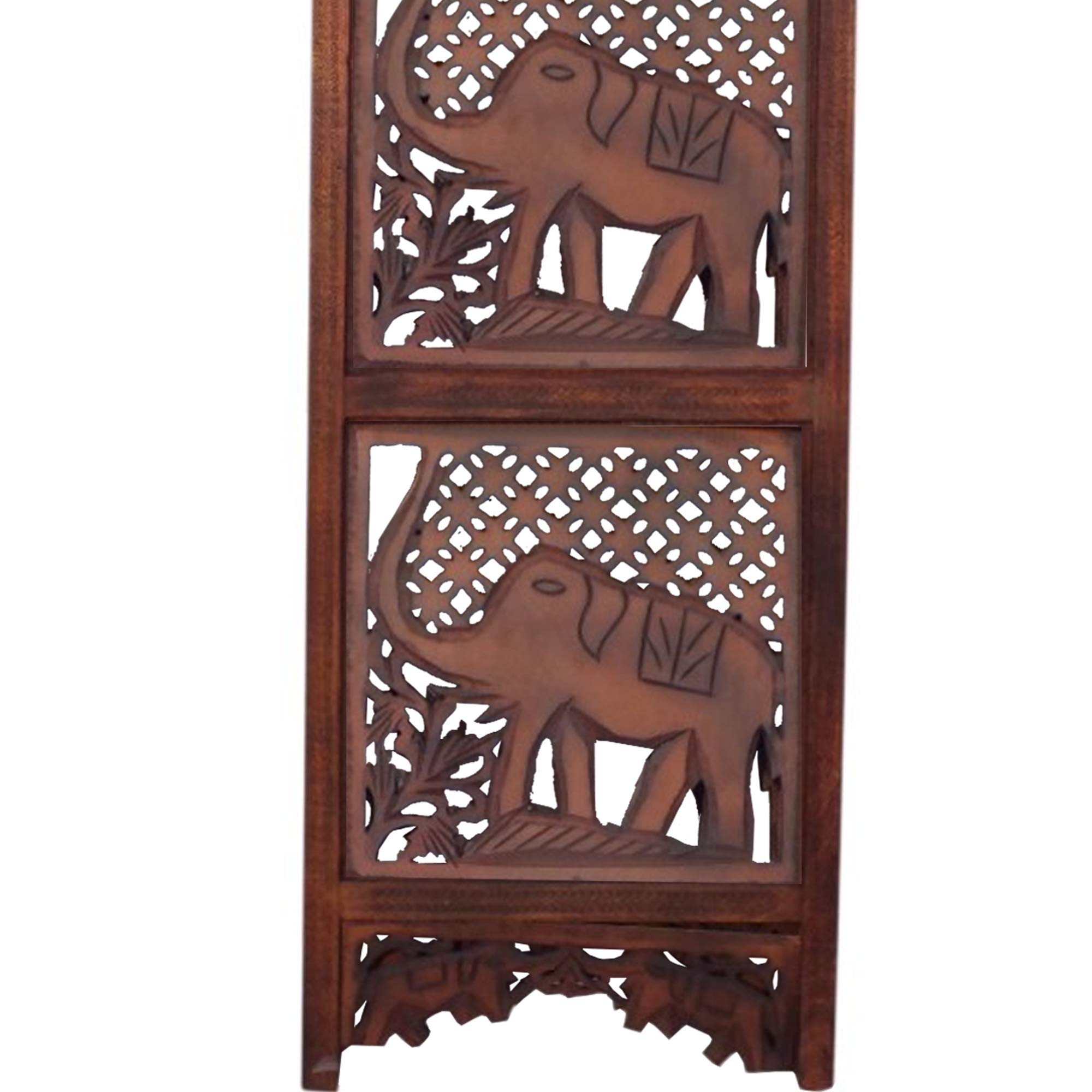 Hand Carved Elephant Design Foldable 4-Panel Wooden Room Divider - Brown Wood Partition Screen for Living Room, Bedroom & Office Decor | BM34823 by Benzara