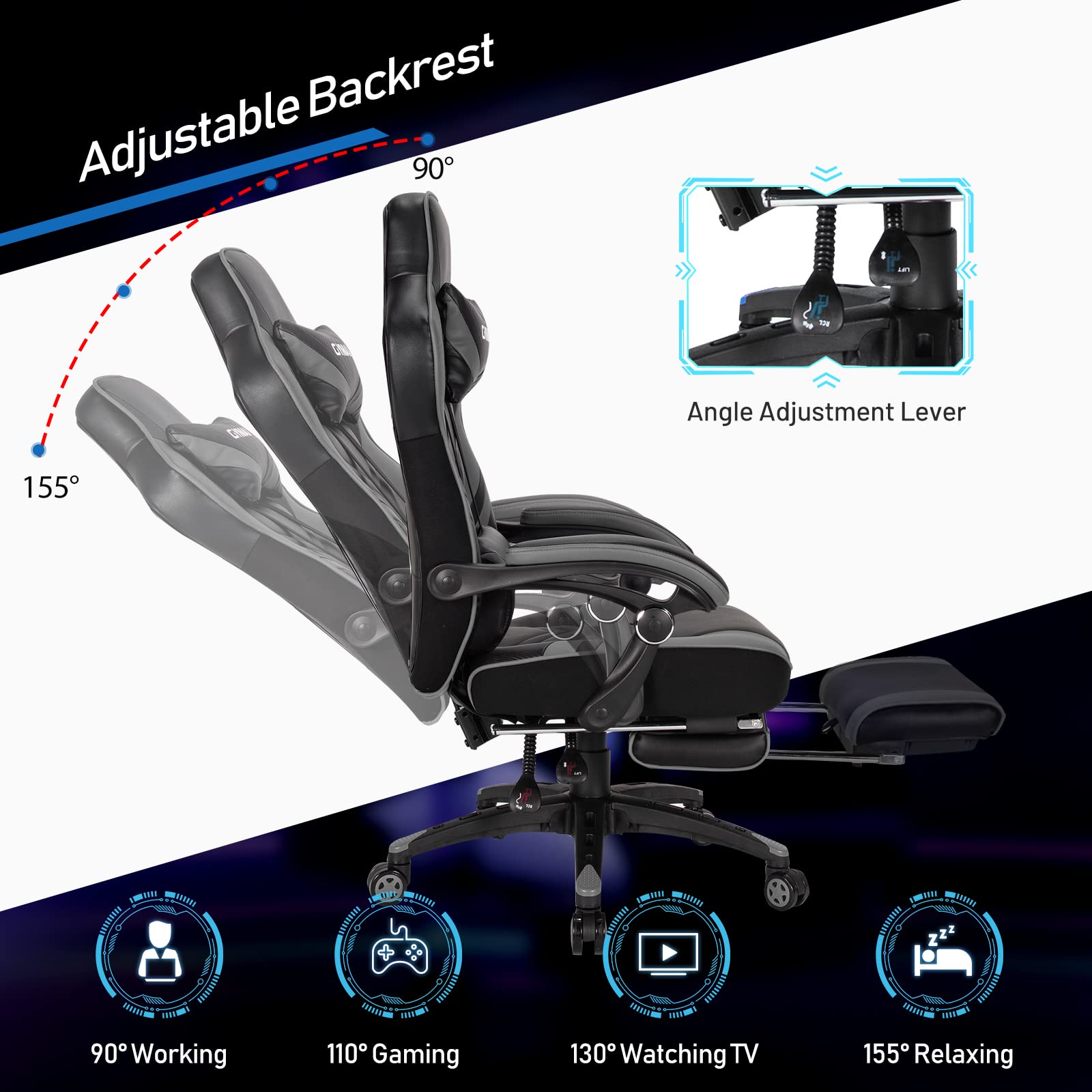 Ergonomic Gray Gaming Chair for Adults & Teens - High Back Reclining Computer Chair with Lumbar Support, Retractable Footrest & Headrest - Racing Style Desk Chair for PC Gamers & Office Work - Perfect for Gaming Setup, Home Office & Esports Tournaments