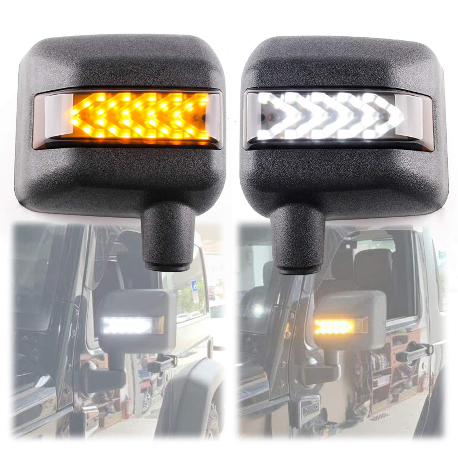 LED Side Mirror with Amber Sequential Turn Signal & White DRL Lights for Jeep Wrangler JK JKU 2007-2018 (Pair) - Enhanced Visibility & Safety for Off-Roading & Night Driving