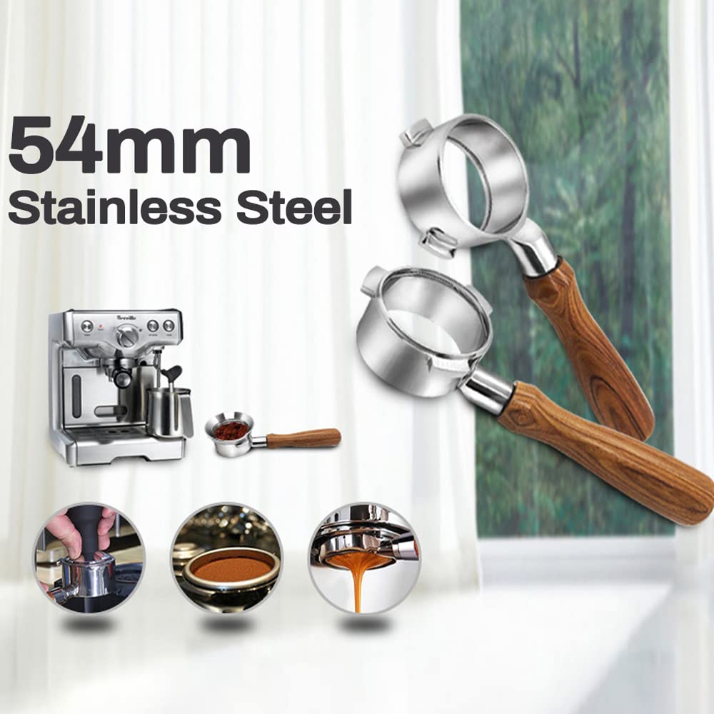 54mm Stainless Steel Portafilter with Wooden Handle - Compatible with Breville 8 Series Coffee Machines for Professional Brewing