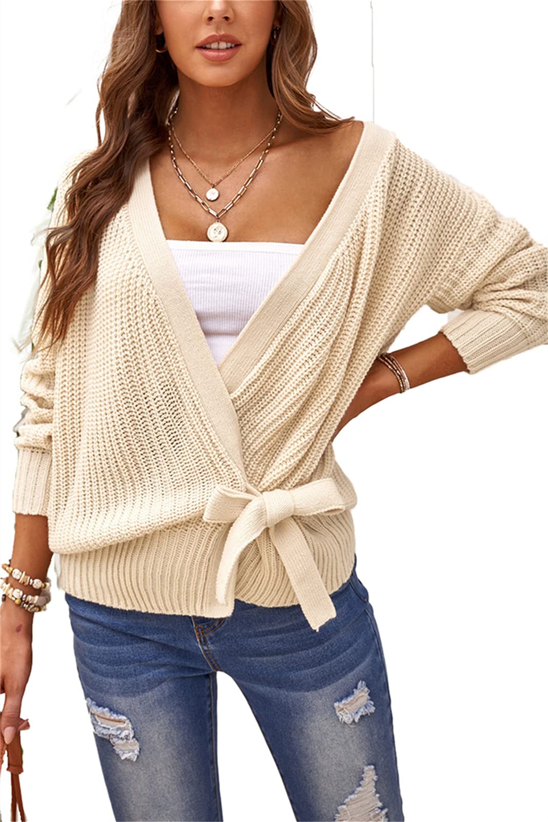 OCSTRADE Women's Wrap V-Neck Cable Knit Cardigan Sweater with Side Tie Knot - Cozy Pullover for Fall & Winter, Perfect for Office, Date Night & Casual Outfits