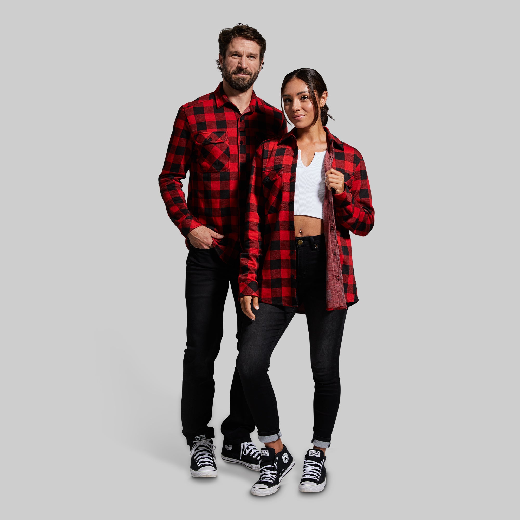 Premium Stretchy Flannel Shirt for Men - Woodsman Plaid (Black/Red) - Comfortable & Durable Outdoor Shirt for Hiking, Camping & Casual Wear