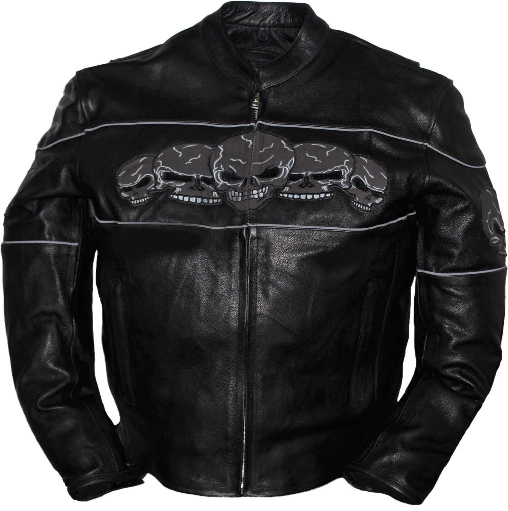 Black Skull Leather Motorcycle Jacket for Men - XL Size | Heavy-Duty Biker Riding Gear for Harley & Cruiser | Perfect for Road Trips & Motorcycle Rallies