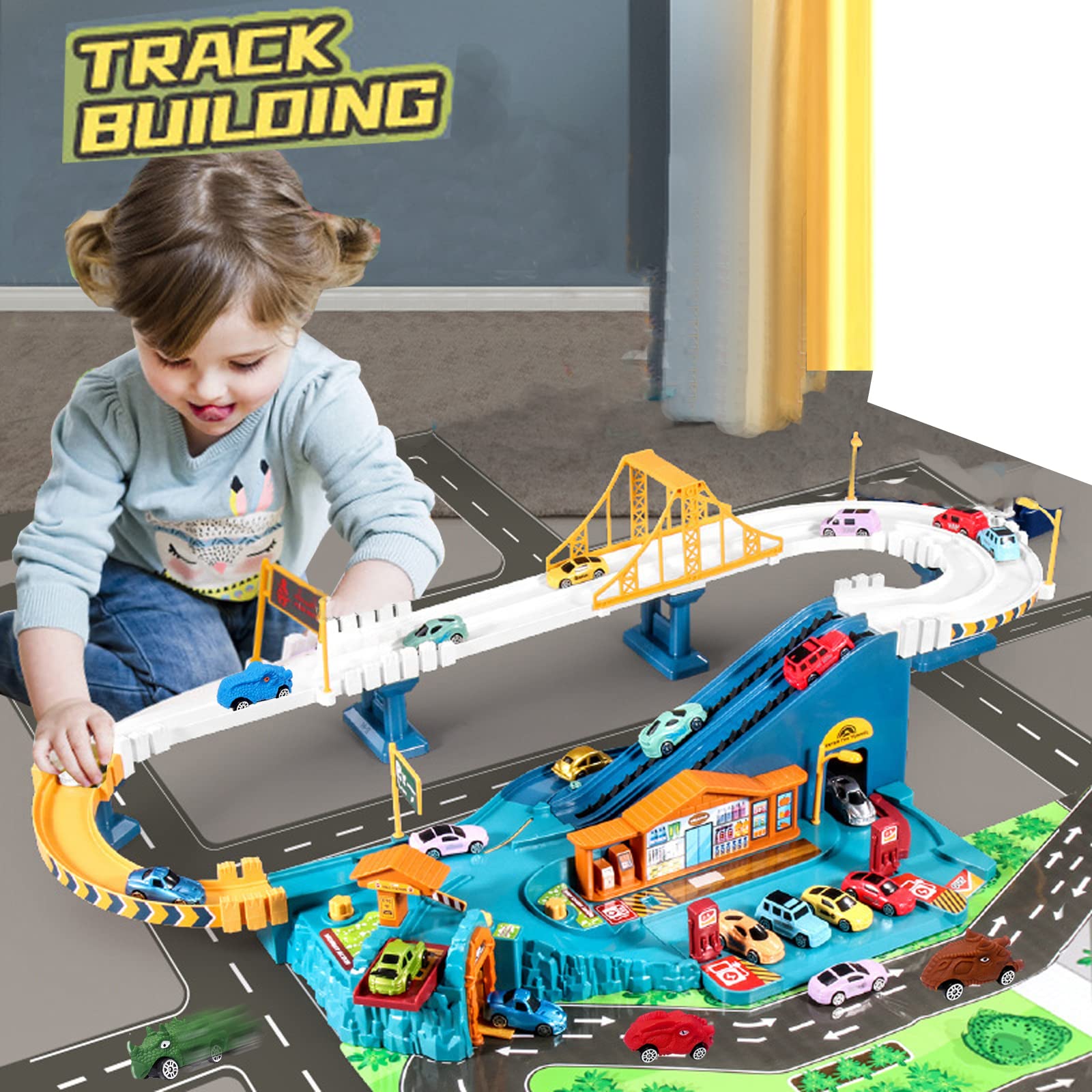 Car Playset Toy Ramp Track Set with 8 Mini Racer Cars & 4 Dinosaur Vehicles - Interactive Race Track for Preschool Boys & Kids Ages 3+ - Perfect Birthday Gift for Toddlers - City Highway Adventure Play for Indoor & Outdoor Fun