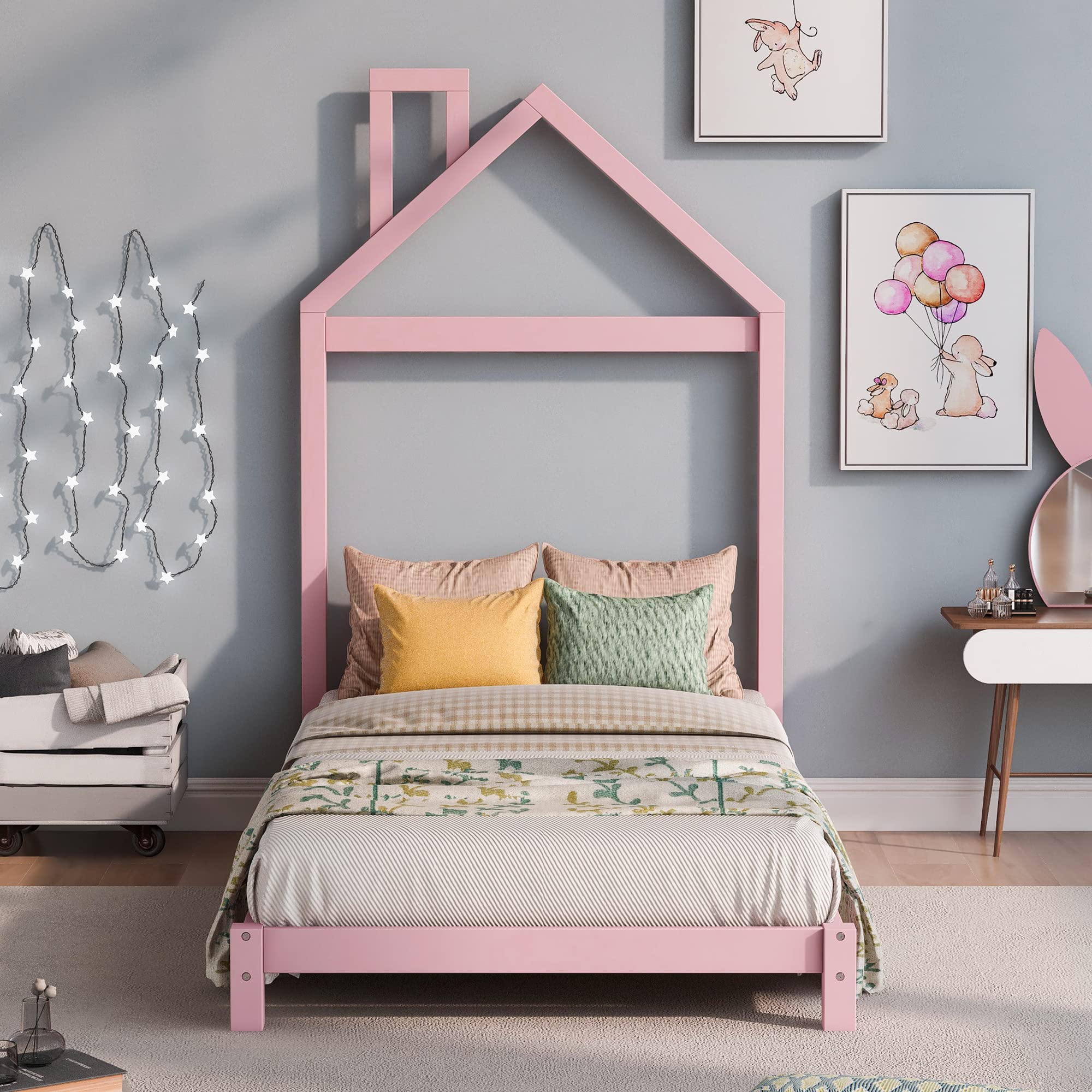 Twin Size Wood Platform Bed Frame with House Shaped Headboard - No Box Spring Needed, Pink - Perfect for Kids Rooms, Guest Bedrooms & Small Spaces