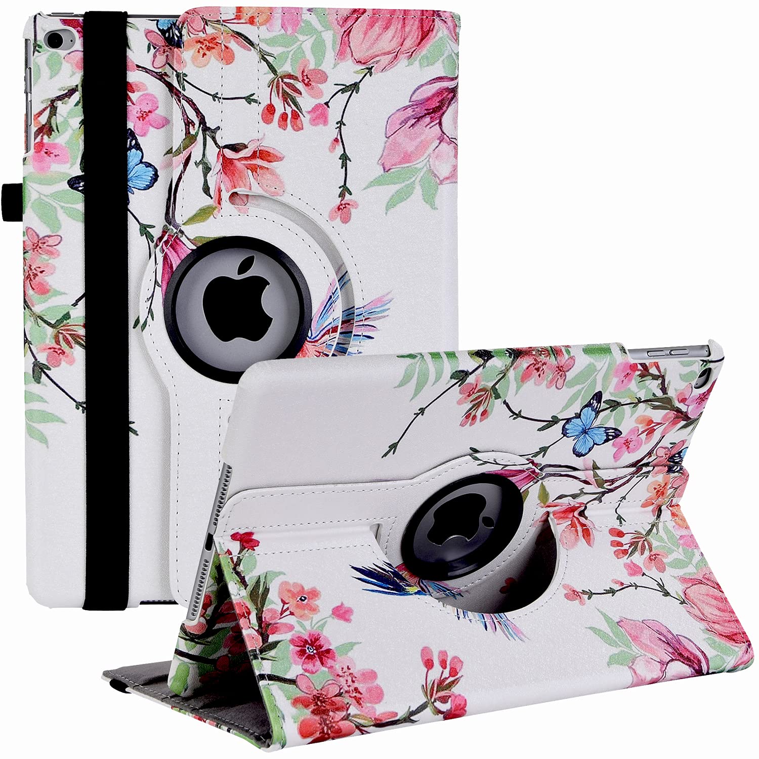 360° Rotating Protective Case for iPad 9.7 Inch (6th/5th Gen) & iPad Air 2 - Auto Sleep/Wake Cover with Stand | Flower Hummingbird Design | Perfect for Work, Study & Travel