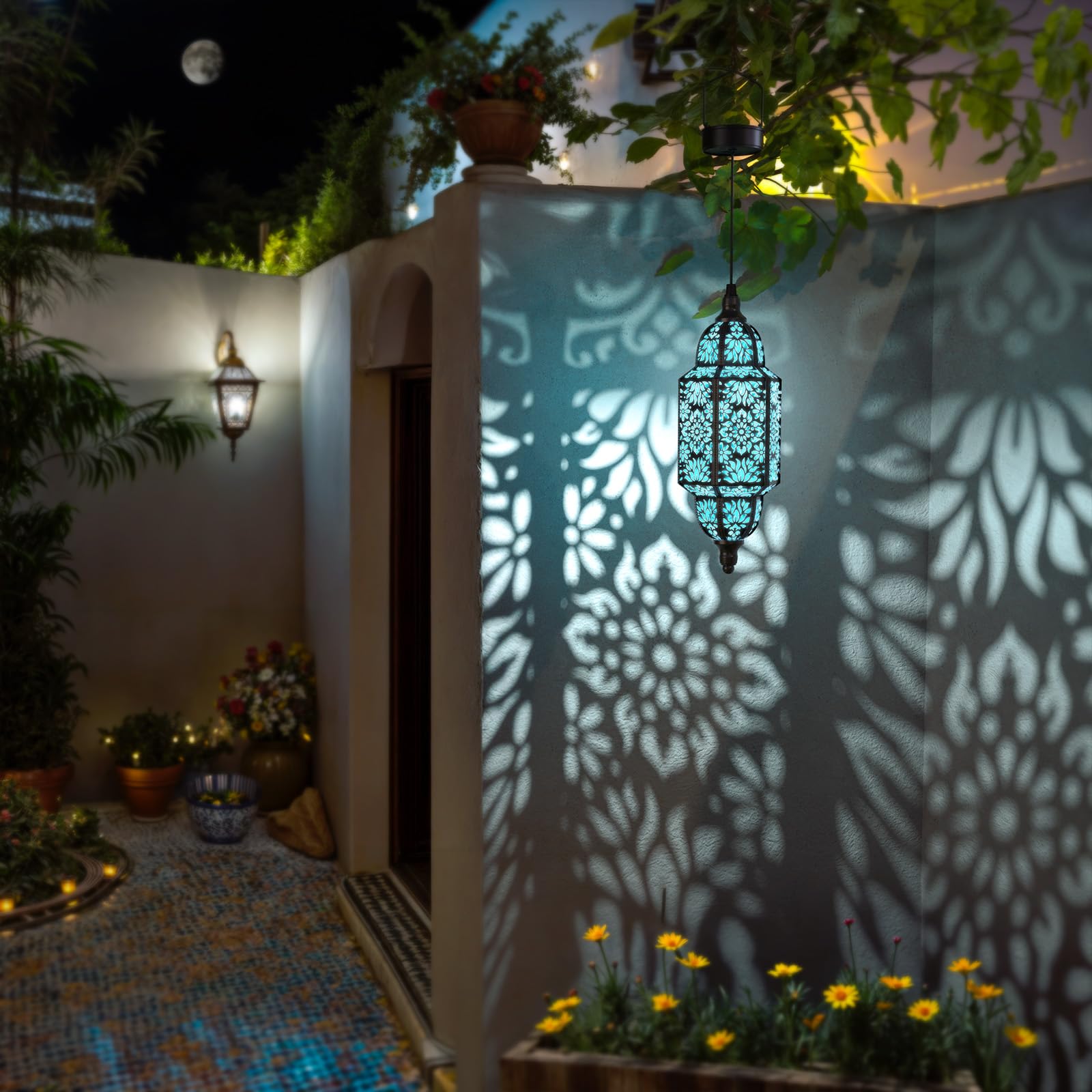 Twinkya Solar Hanging Lights Outdoor - Waterproof Metal Moroccan Solar Lanterns for Garden, Patio, Pathway, Yard, Porch & Backyard Decor (Black, 1 Pack) - Perfect for Evening Gatherings, Romantic Ambiance & Landscape Lighting