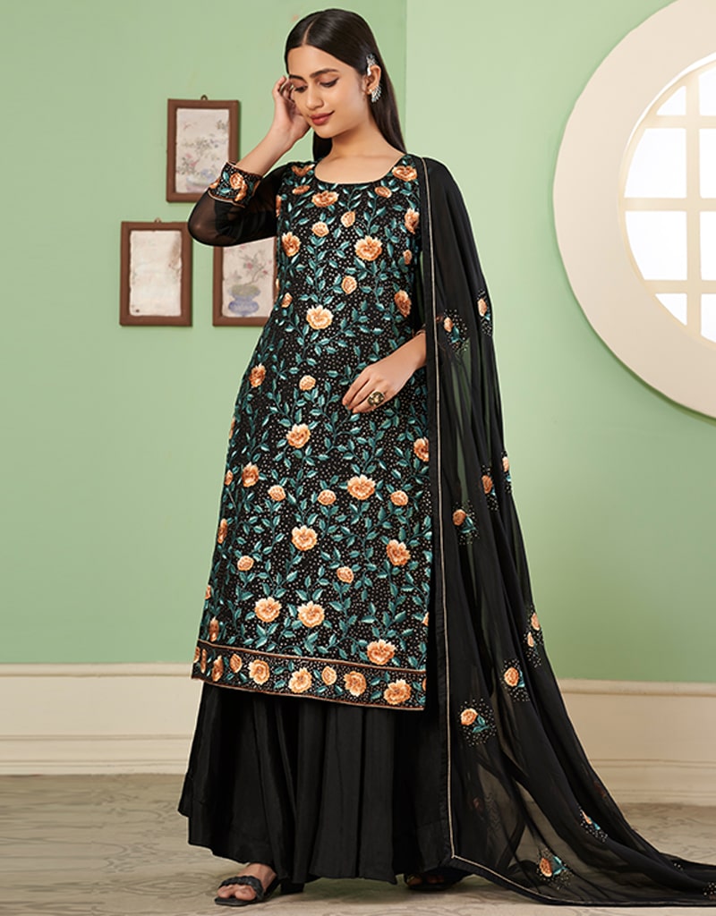 Elegant Black Palazzo Style Suit in Georgette Fabric - Perfect for Office Wear, Evening Events & Special Occasions