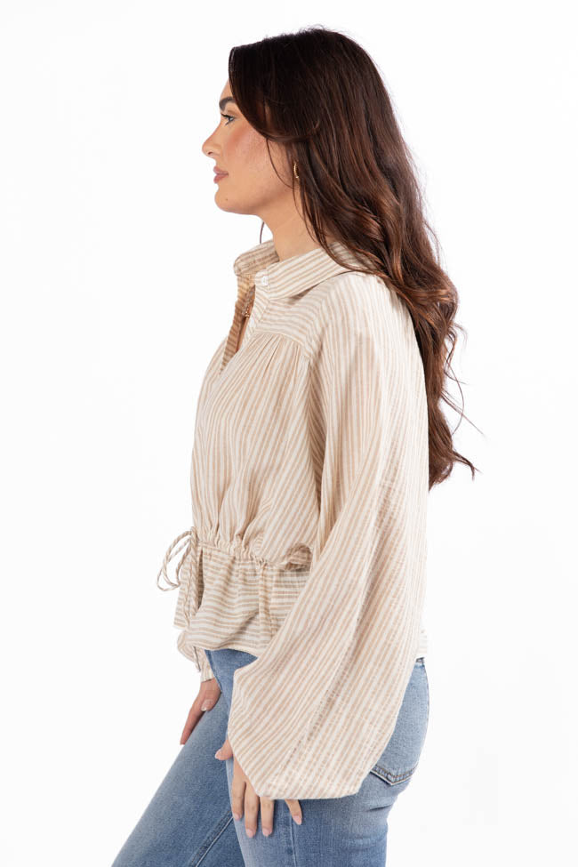 Stylish Taupe Striped Drawstring Button Down Blouse for Women - Comfortable Casual & Office Wear - Perfect for Work, Dates & Everyday Outfits