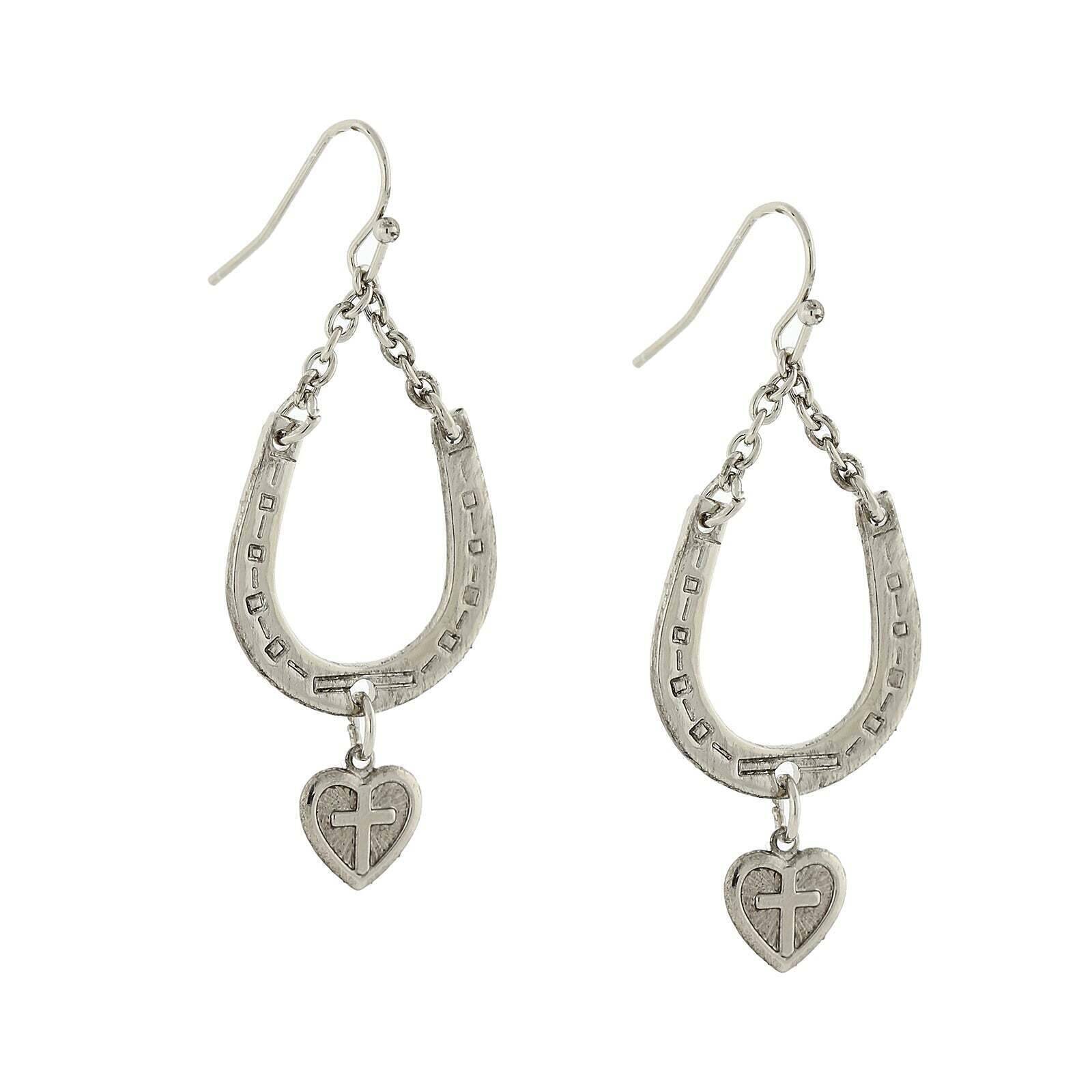 1928 Jewelry Sterling Silver Horseshoe & Heart Cross Drop Earrings for Women - Elegant Dangle Earrings for Church, Wedding, and Everyday Wear