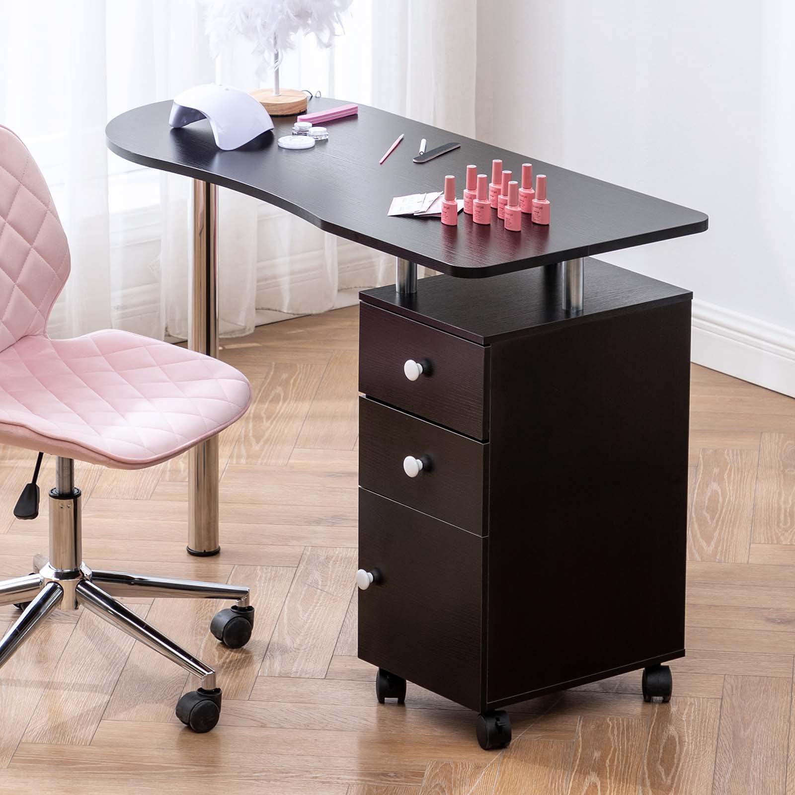 Professional Acetone-Resistant Wooden Salon Nail Table with Single Cabinet, Drawers, Adjustable Wheels & Wrist Pad - Perfect for Manicure, Pedicure & Nail Salon Services
