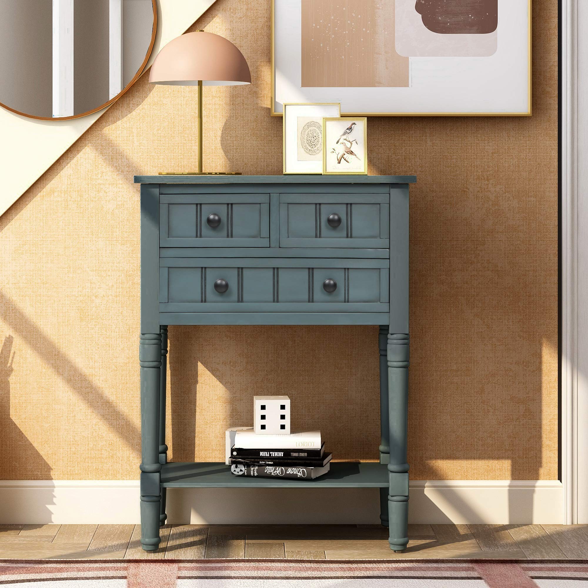 Merax Navy Classic Wood Console Table - Entryway Hallway Sideboard with Storage Drawers & Bottom Shelf - Perfect for Living Room, Bedroom, or Office Decor