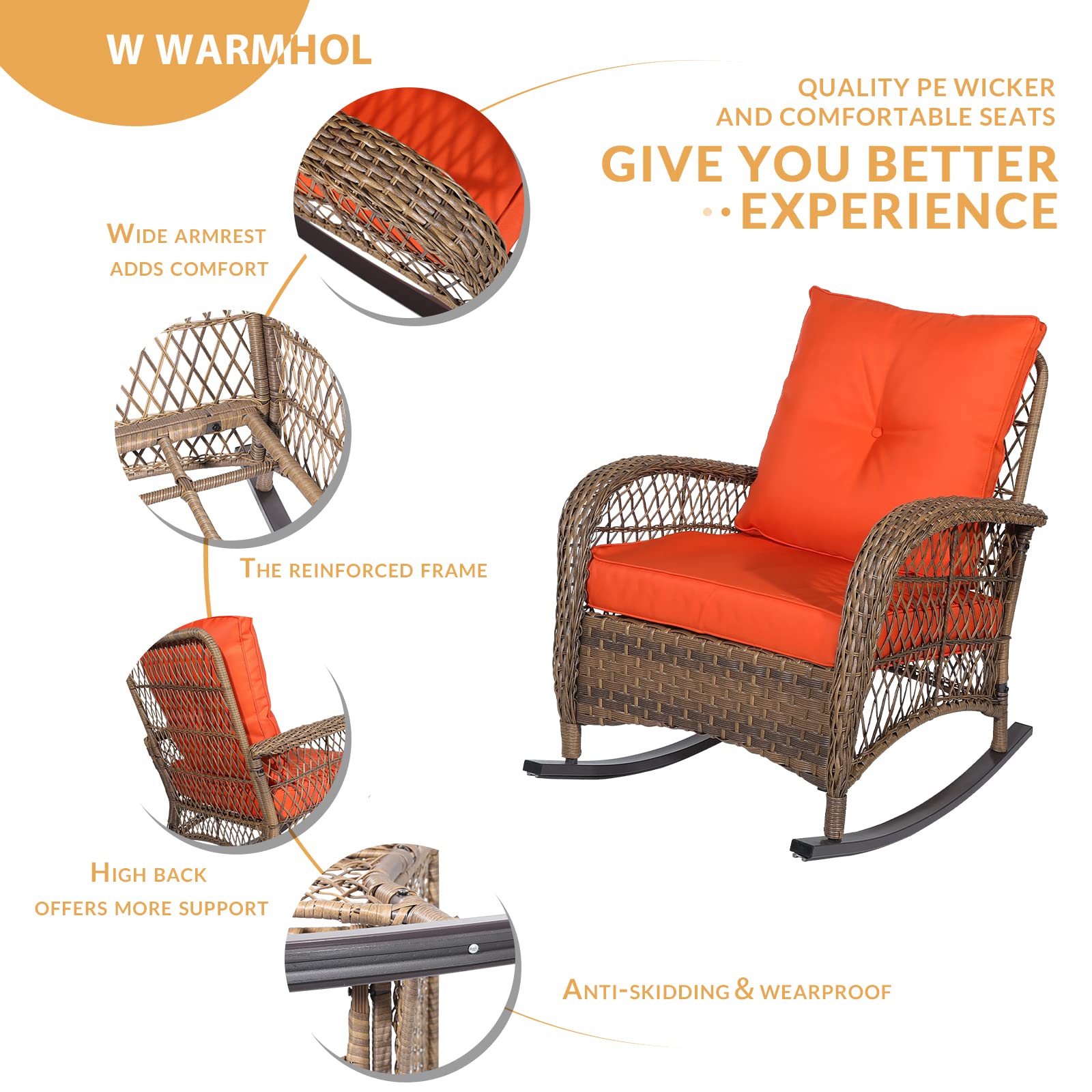 All-Weather Outdoor Wicker Rocking Chair with Thickened Cushions - Durable Rattan Patio Rocker for Porch, Garden & Backyard - Perfect for Relaxing, Reading & Sunbathing (Orange)