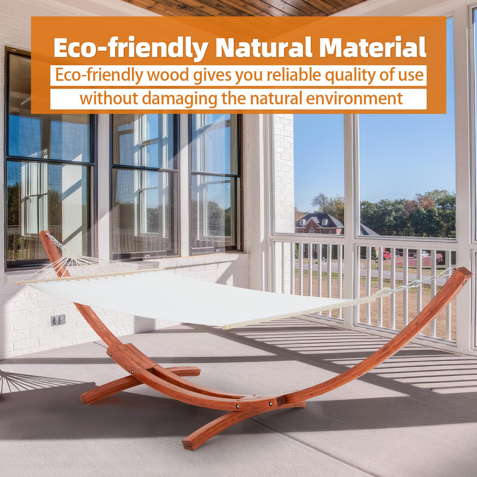 ECOTOUGE 13.3 FT Wooden Double Hammock with Stand - Heavy Duty 2 Person Hammock for Outdoor, Patio & Backyard - Easy to Assemble, Weatherproof & Premium Quilted Camping Hammock (White) - Perfect for Relaxing, Lounging & Camping Trips