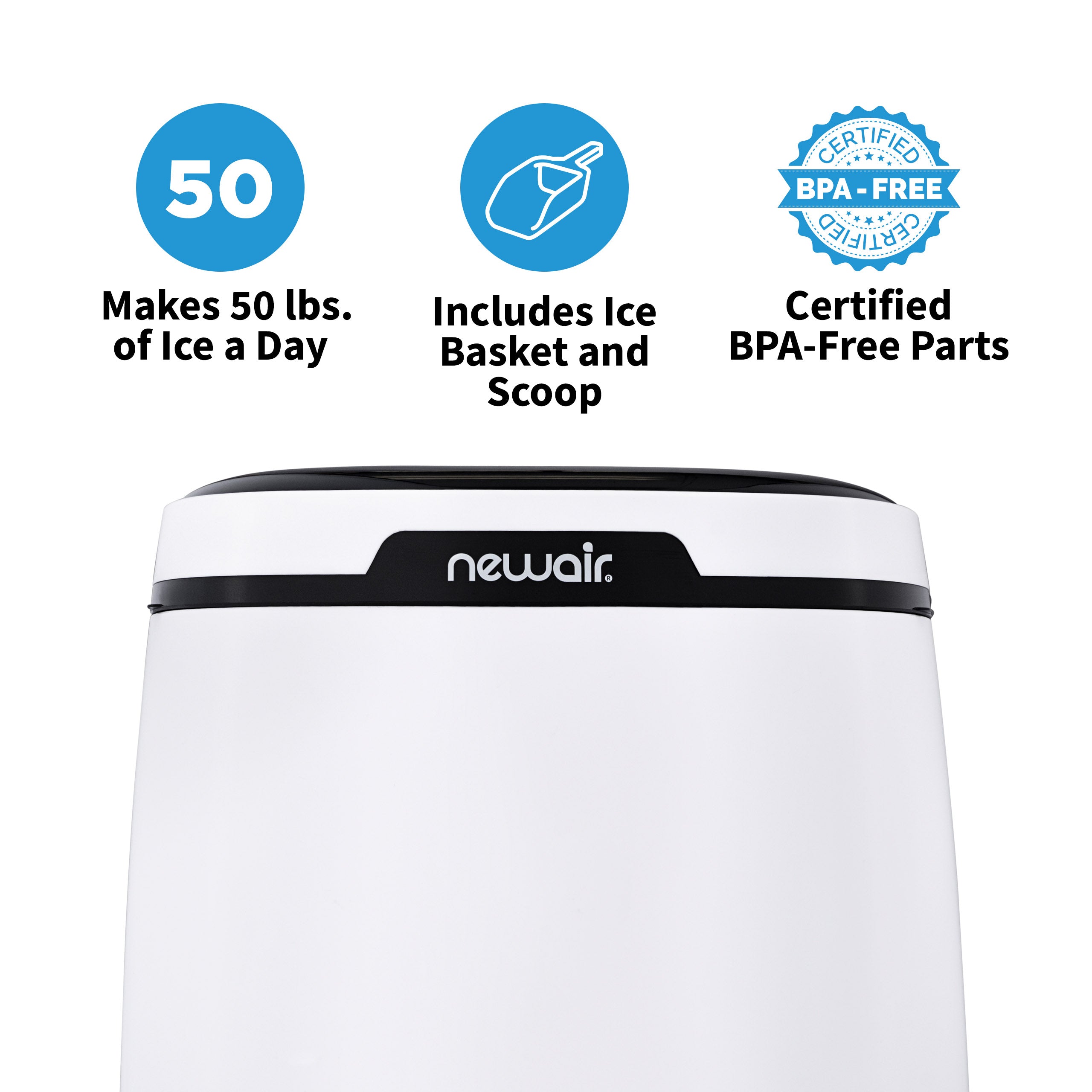 Newair® Countertop Ice Maker - 50 lbs/Day, Bullet Ice Machine, Compact & Portable for Home, Office, or RV - Perfect for Cocktails, Parties, and Outdoor Adventures (White)